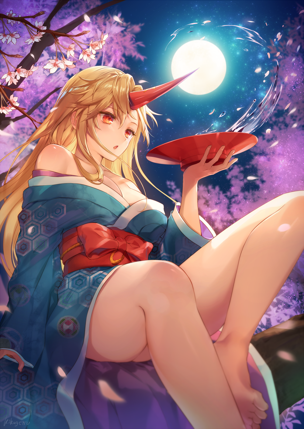 Blonde Oni girl in kimono under the moon HD Phone Wallpaper