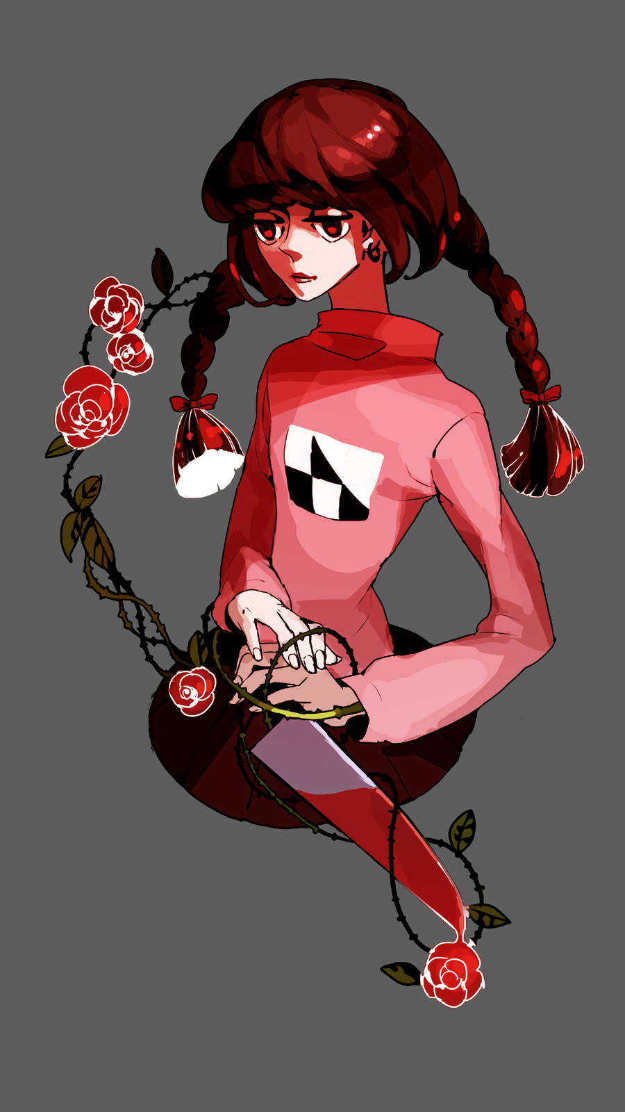 Madotsuki from Yume Nikki with roses and knife HD Phone Wallpaper