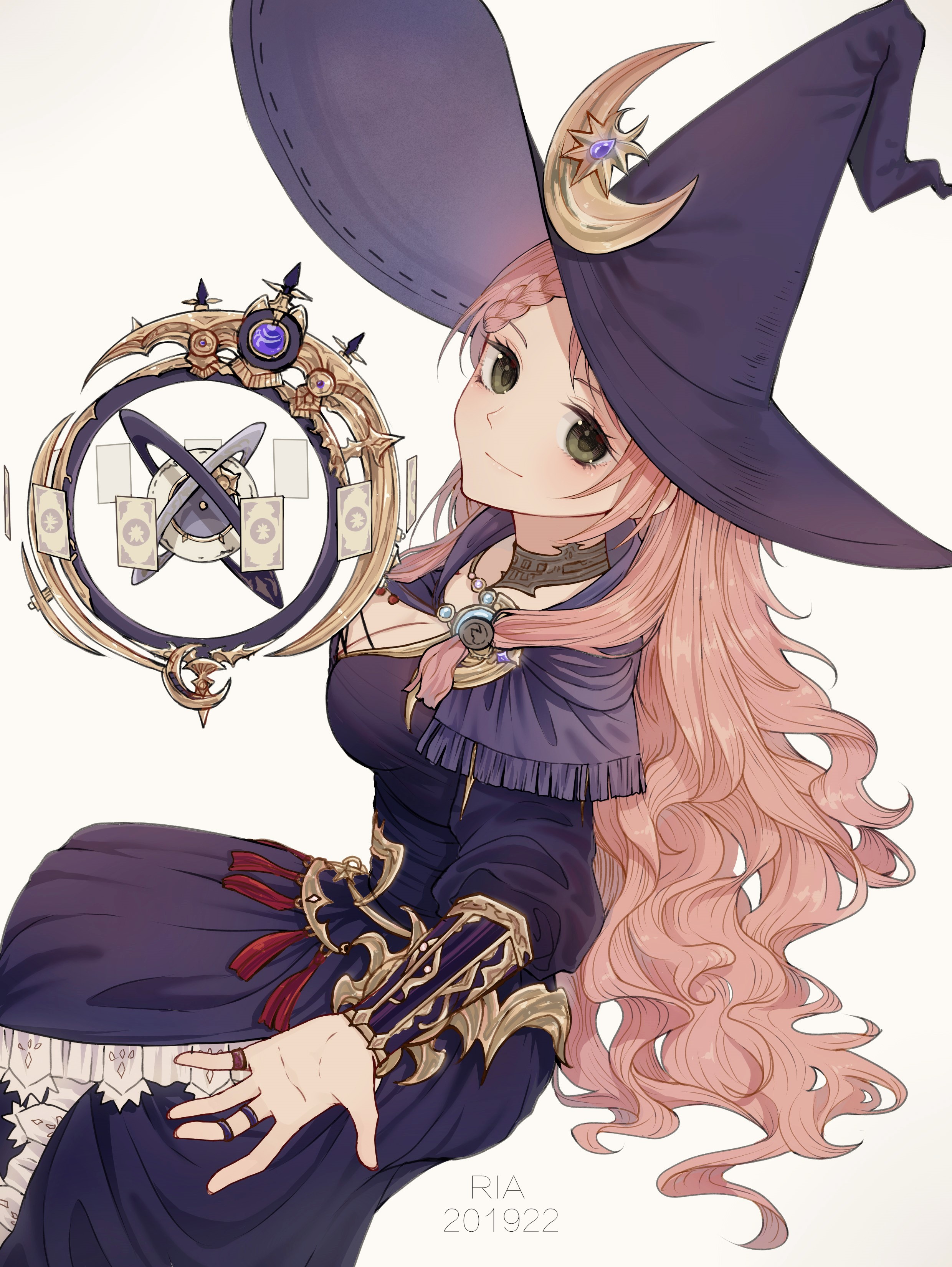 Anime girl with pink hair and witch hat holding a magical artifact HD Phone Wallpaper