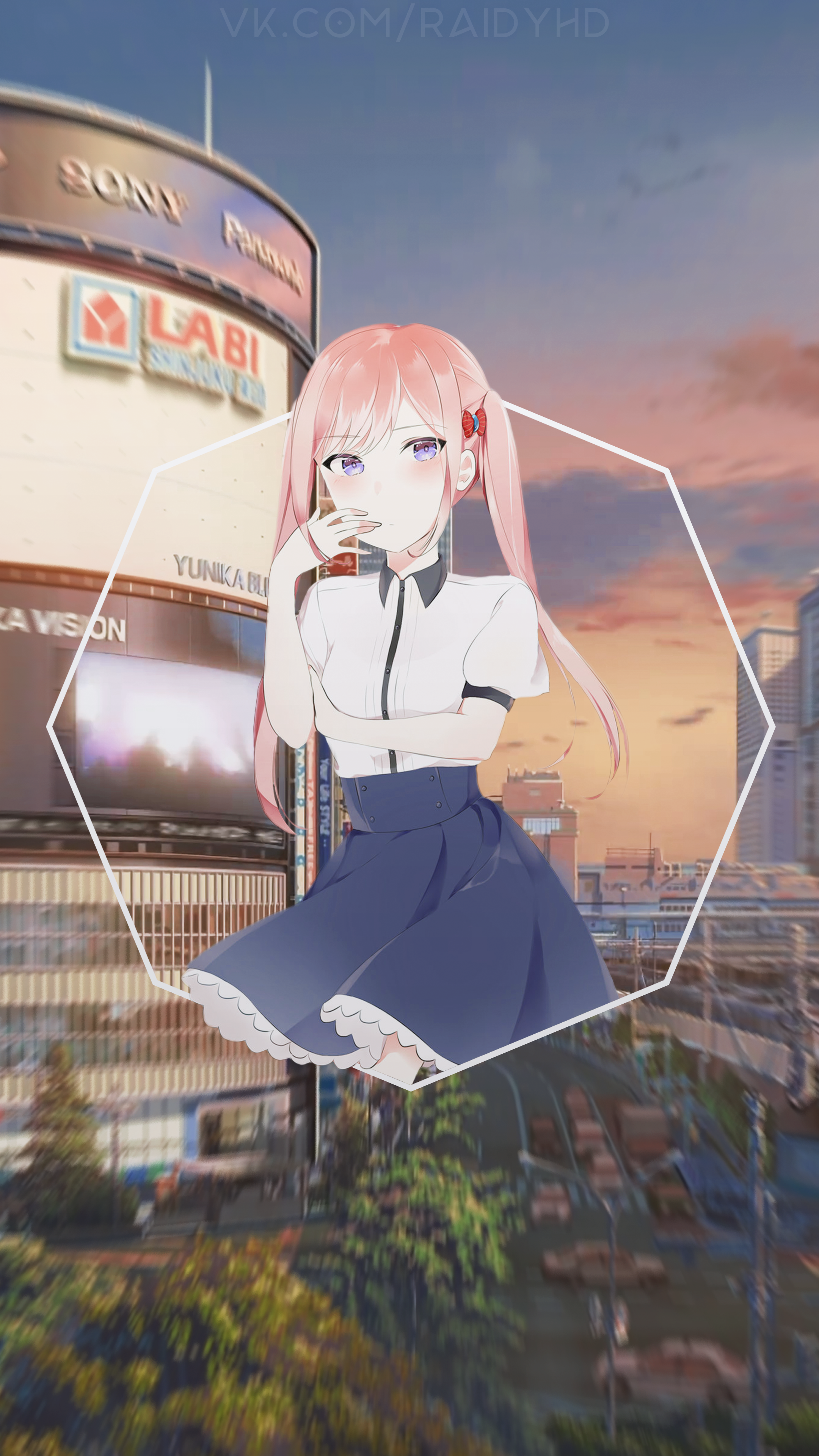 Anime girl in front of a city billboard HD Phone Wallpaper