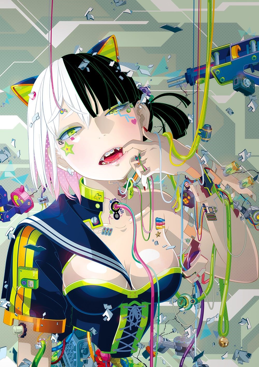 Anime girl with black and white hair and cat ears HD Phone Wallpaper