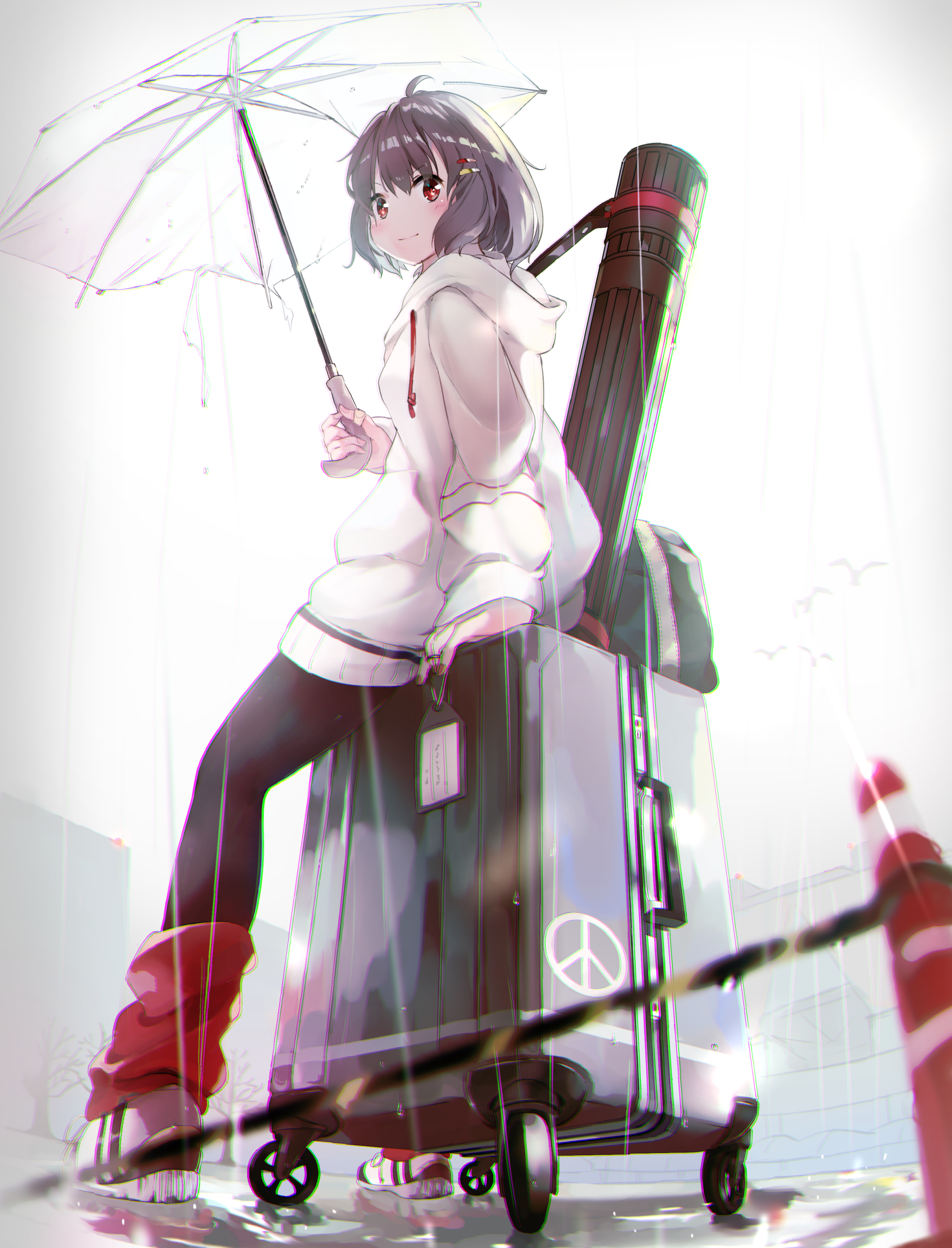 Anime girl with umbrella and luggage in rain HD Phone Wallpaper