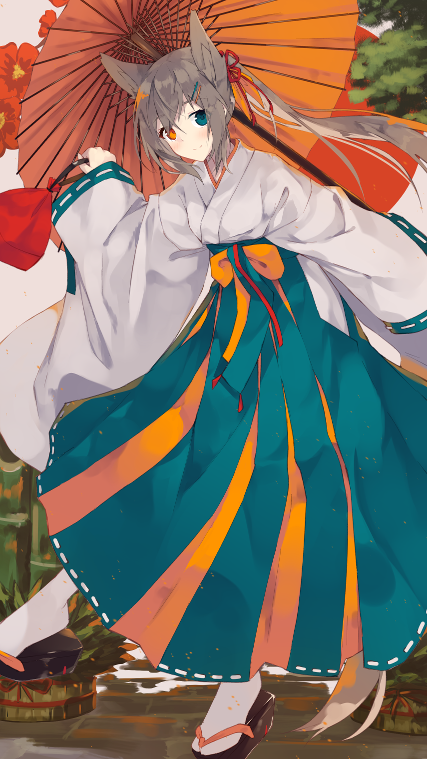 Anime girl with fox ears in traditional Japanese clothing holding an umbrella HD Phone Wallpaper
