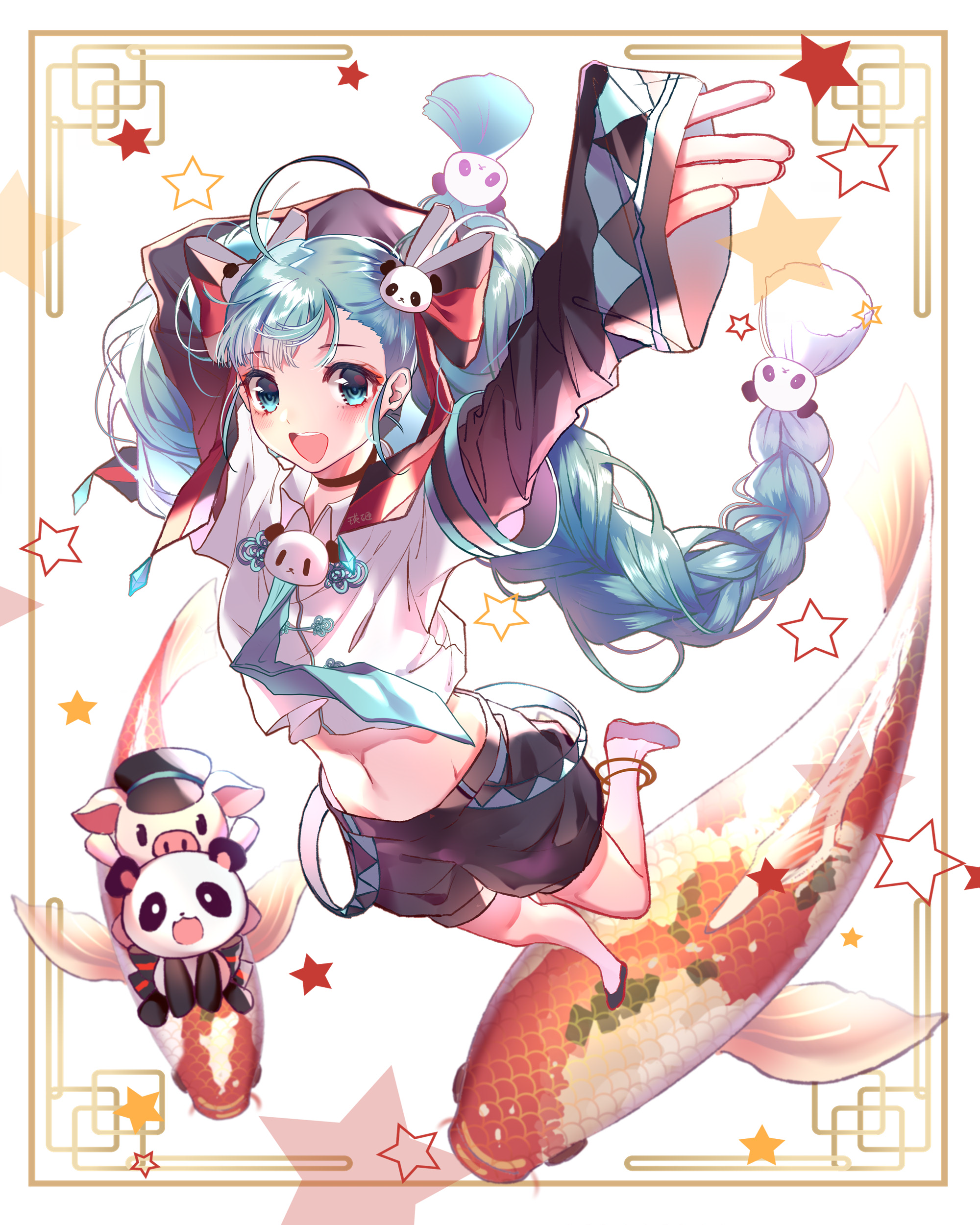 Hatsune Miku with Koi Fish and Pandas HD Phone Wallpaper