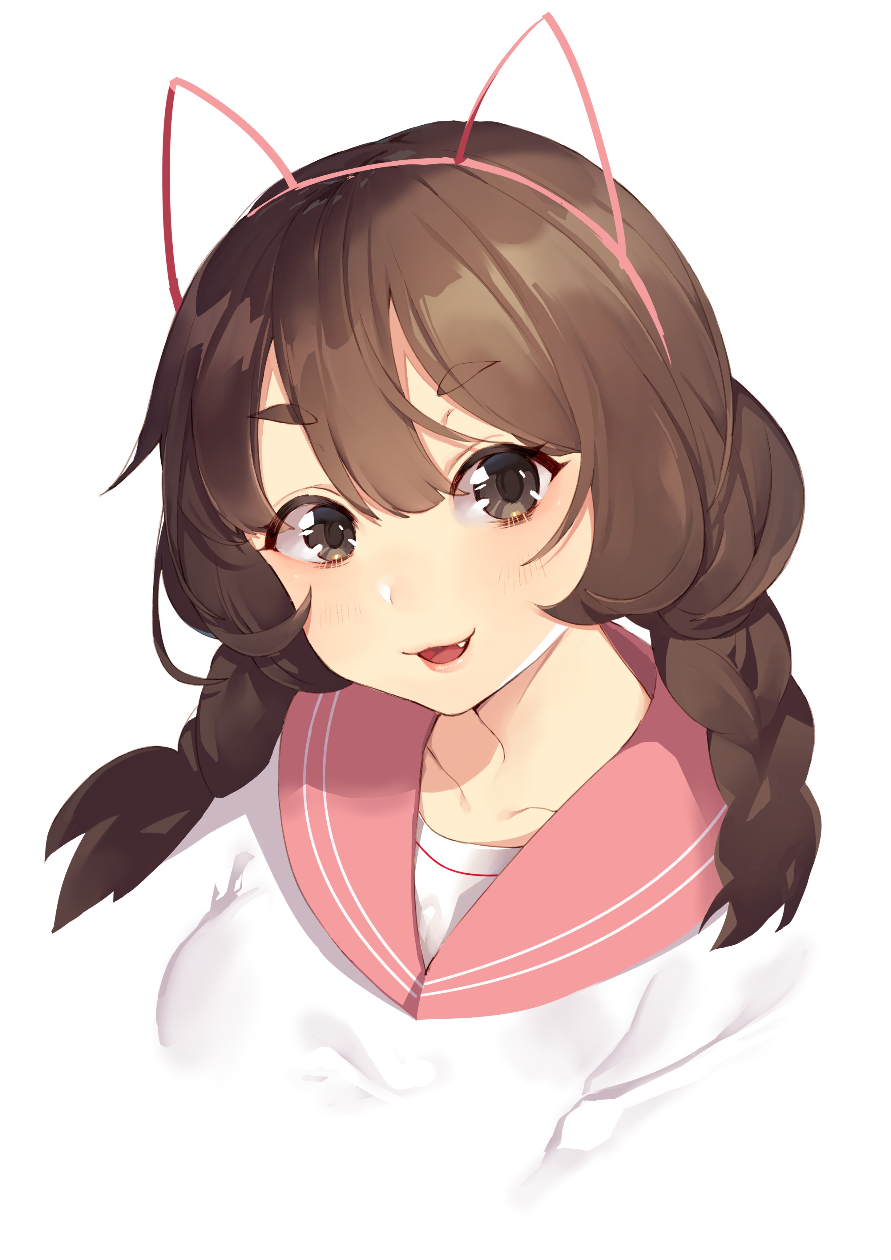 Anime girl with brown braids and cat ears HD Phone Wallpaper