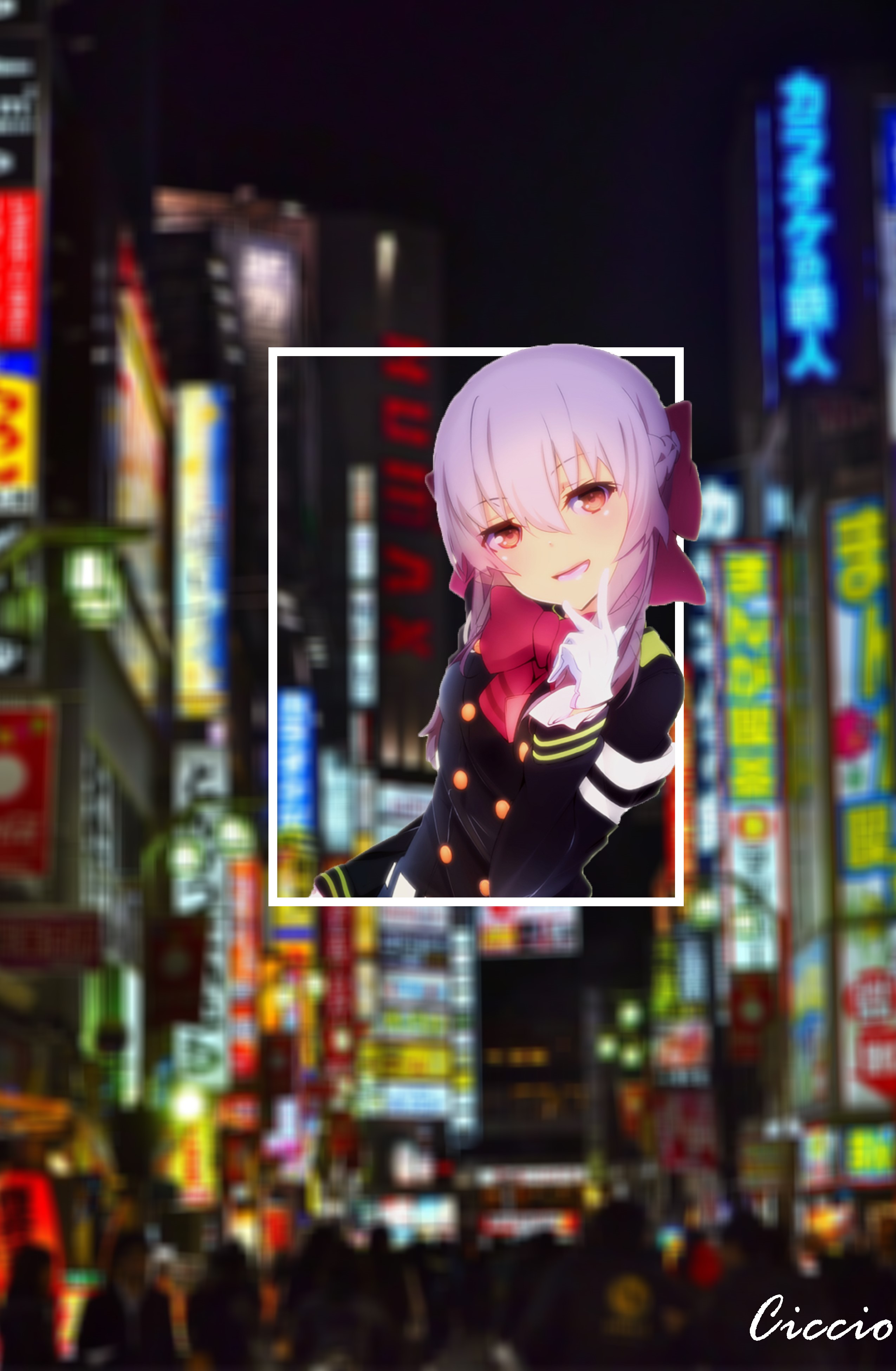 Anime girl with purple hair and red eyes in Tokyo HD Phone Wallpaper