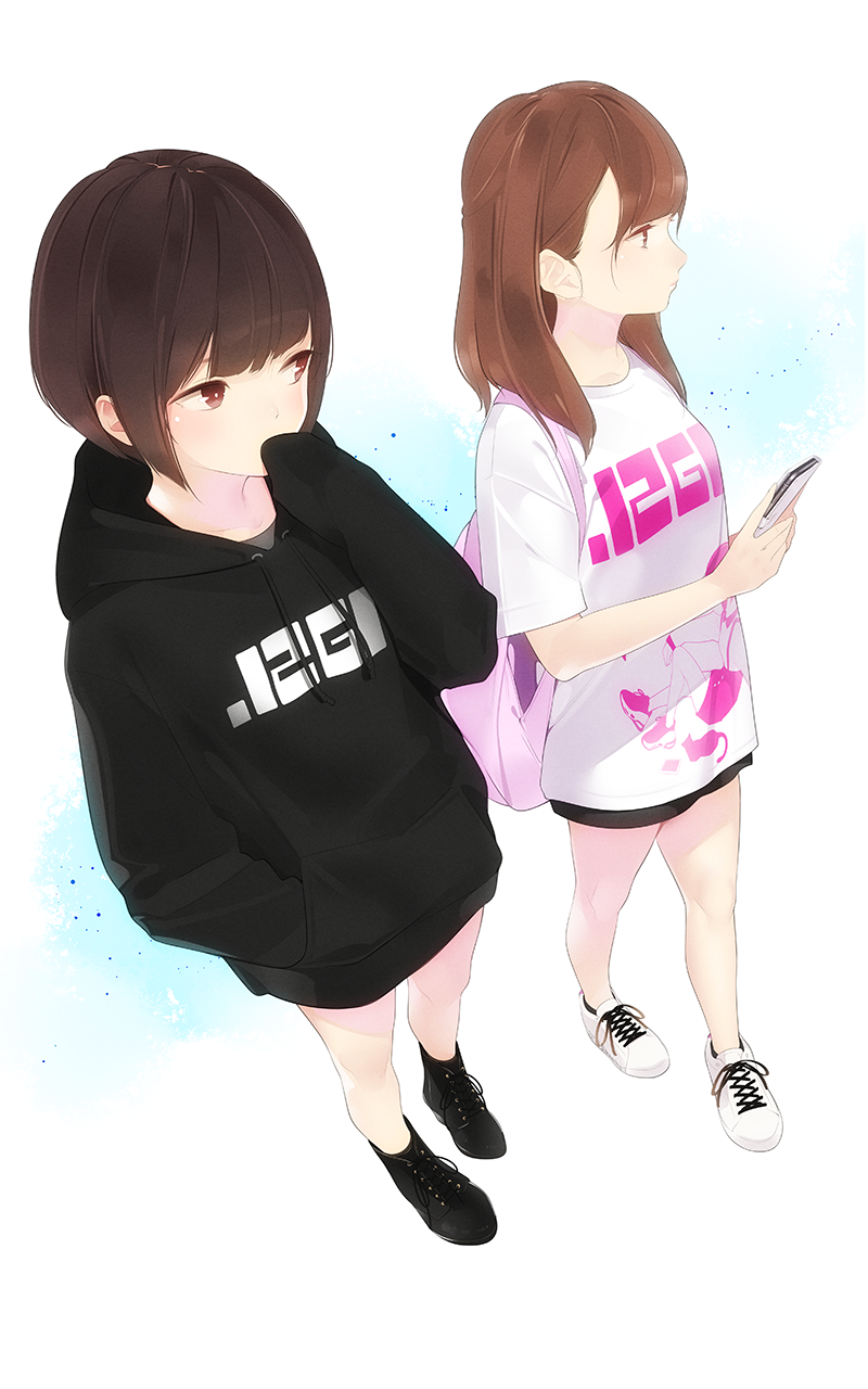 Two anime girls with short and long hair HD Phone Wallpaper