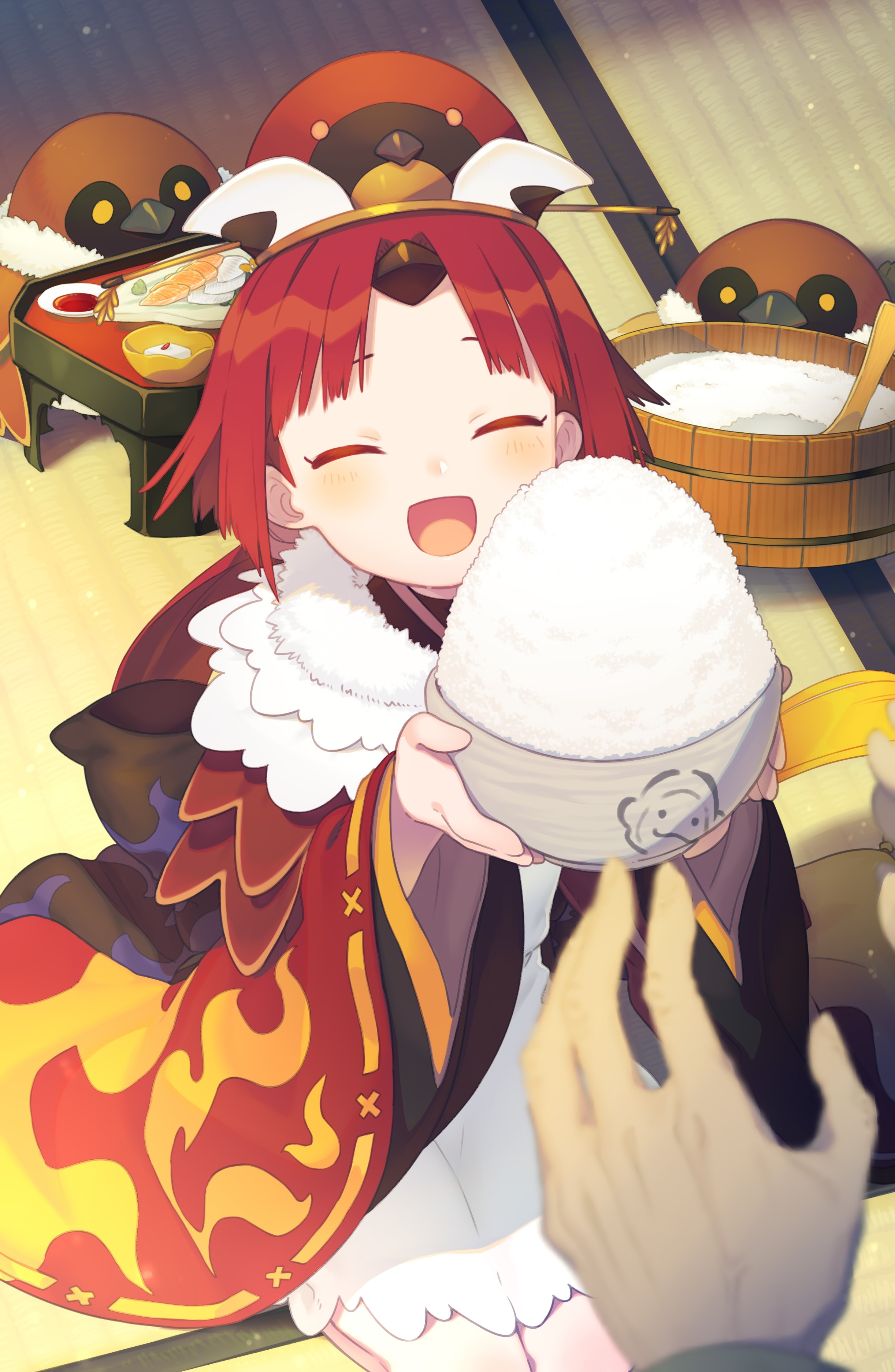 Anime girl with red hair holding a bowl of rice HD Phone Wallpaper
