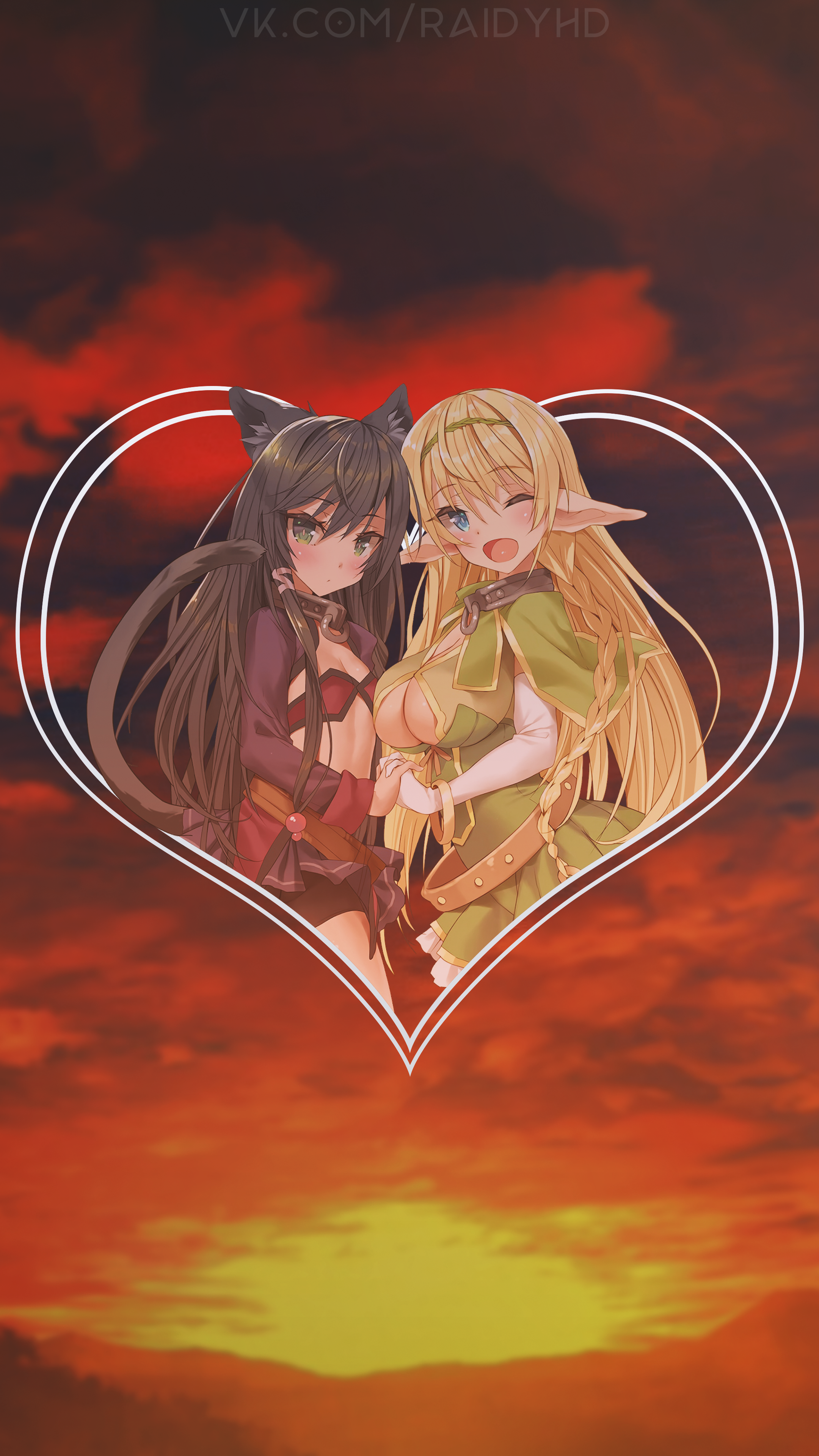 Anime girls in heart frame against sunset HD Phone Wallpaper