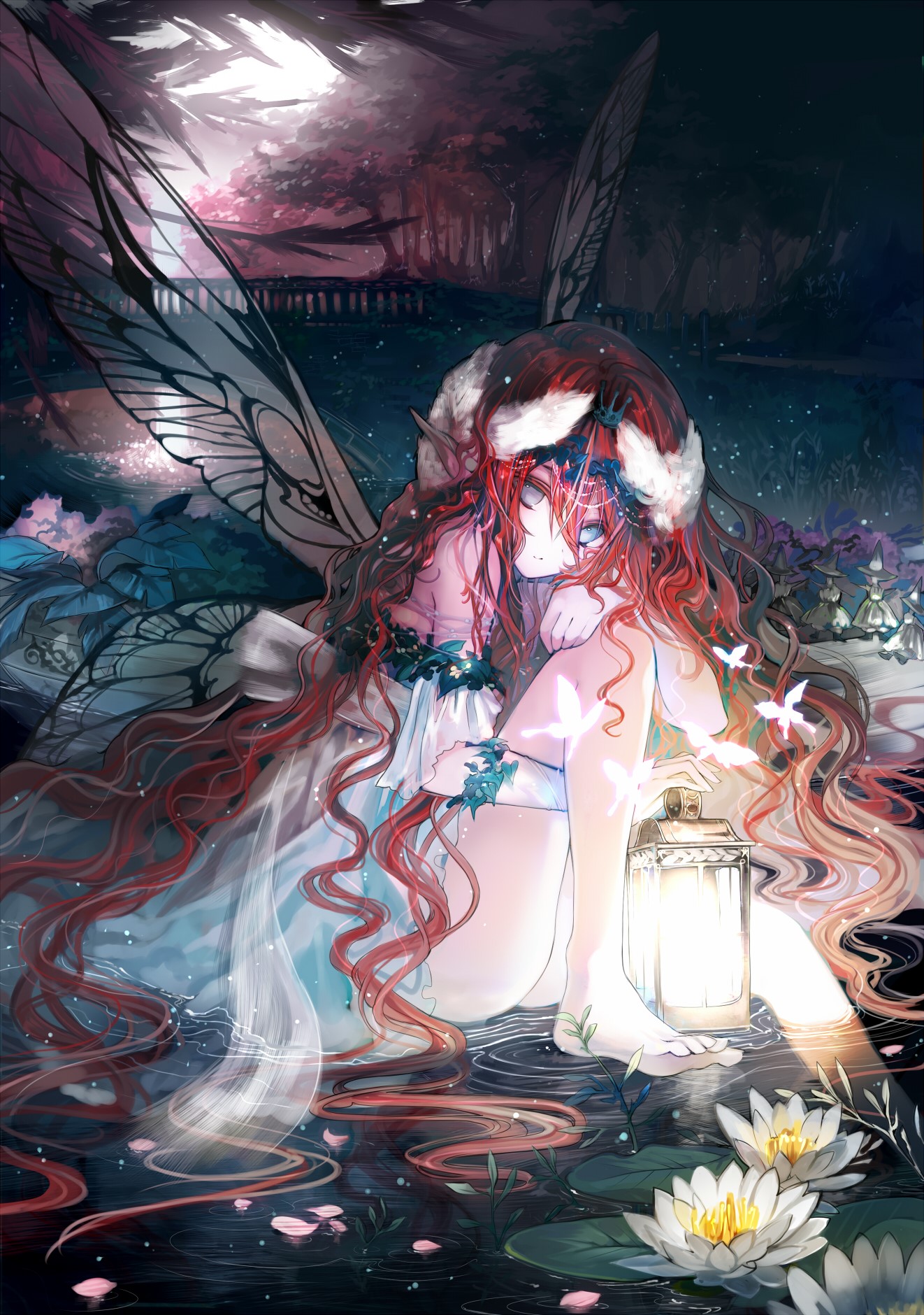 Anime girl with red hair and butterfly wings holding a lantern HD Phone Wallpaper