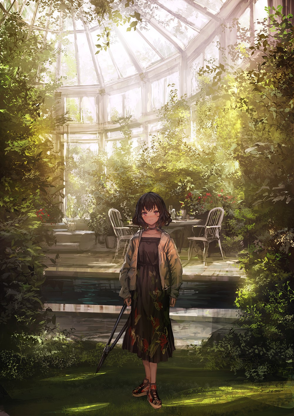 Anime girl in a greenhouse with plants HD Phone Wallpaper