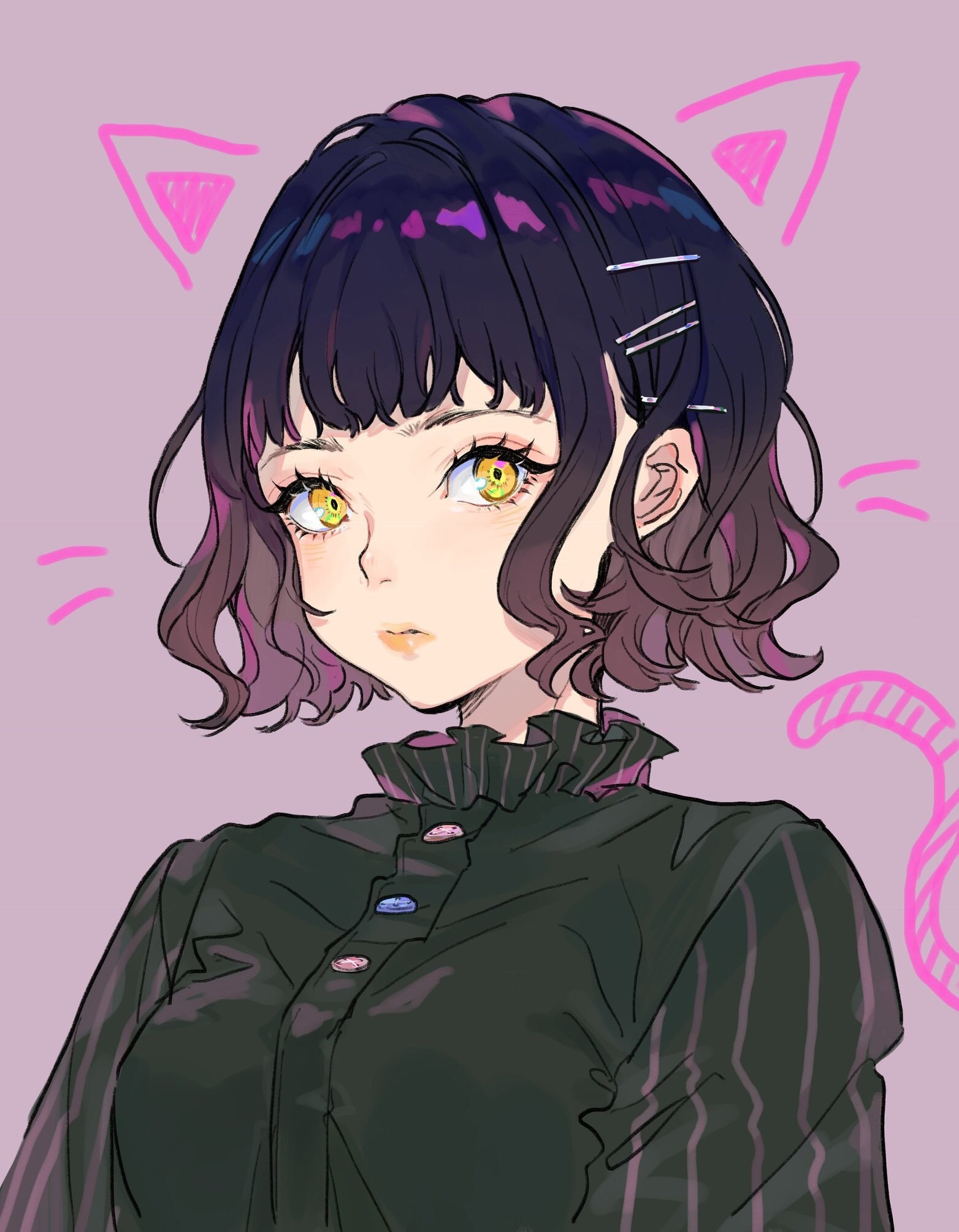 Anime girl with short dark hair and cat ears HD Phone Wallpaper