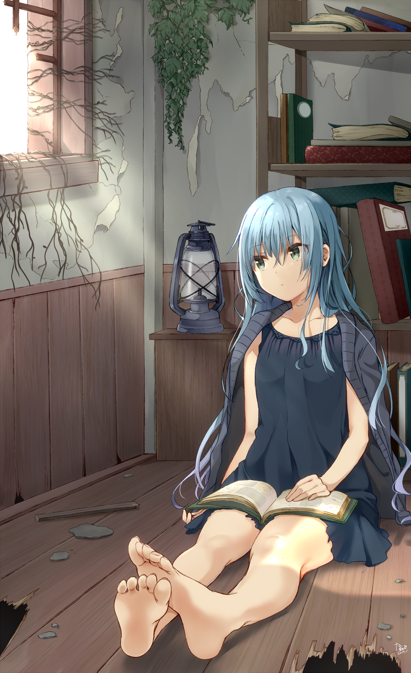 Anime girl with blue hair reading a book HD Phone Wallpaper