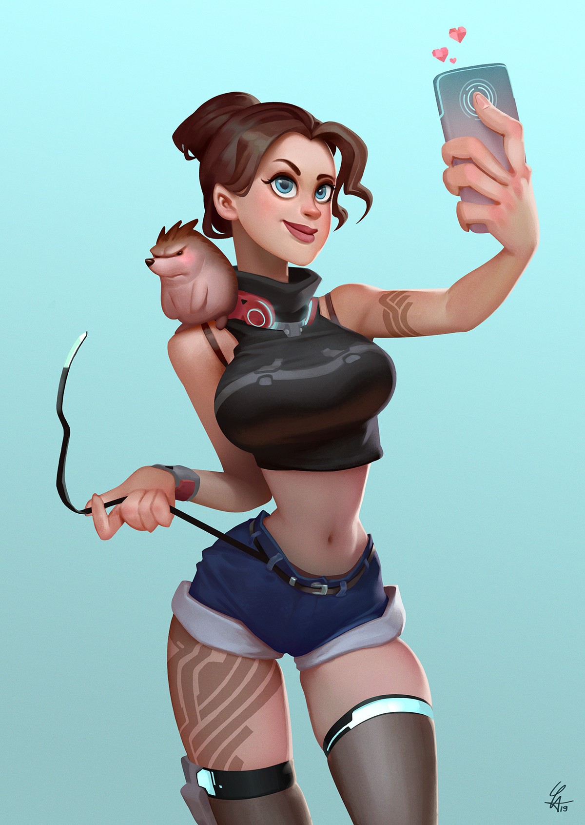 Woman taking a selfie with a small creature on her shoulder HD Phone Wallpaper