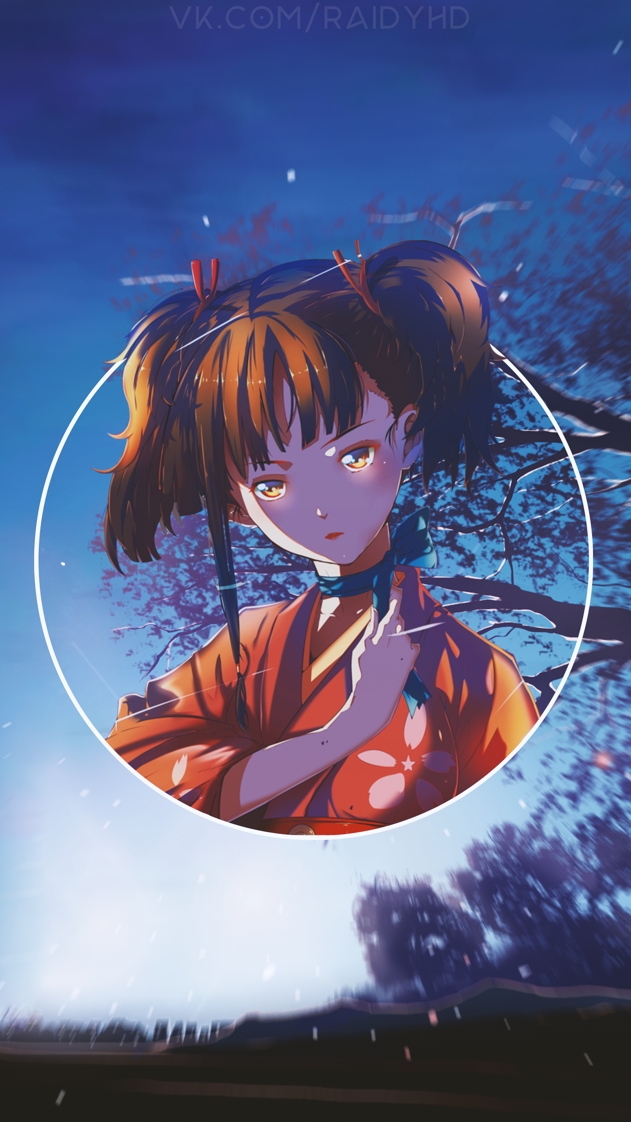 Anime girl with pigtails in a kimono HD Phone Wallpaper