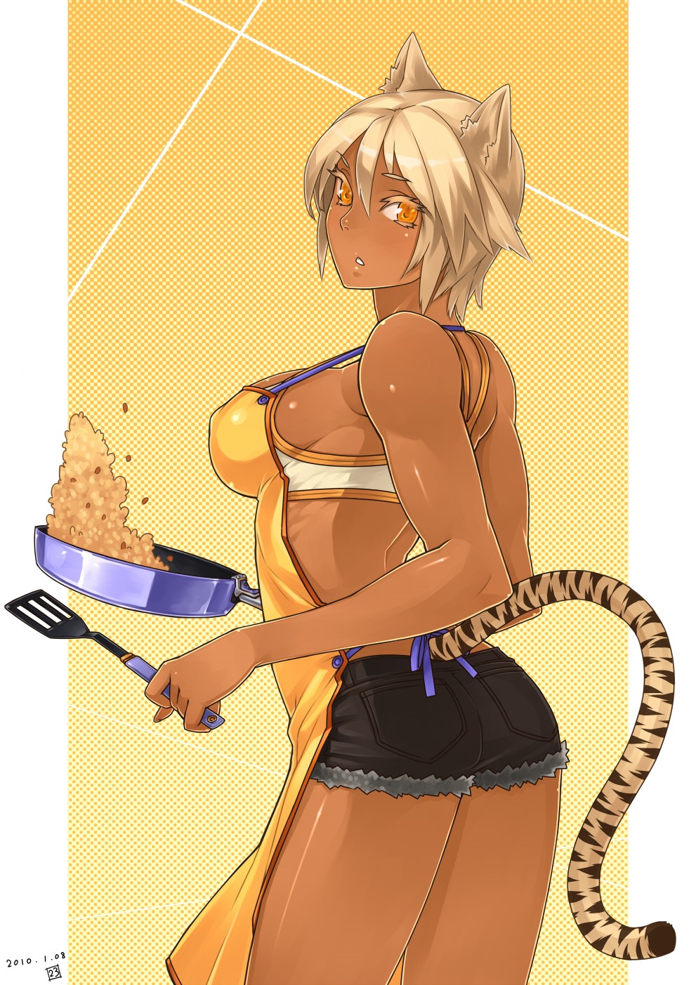 Anime girl with tiger ears and tail cooking HD Phone Wallpaper