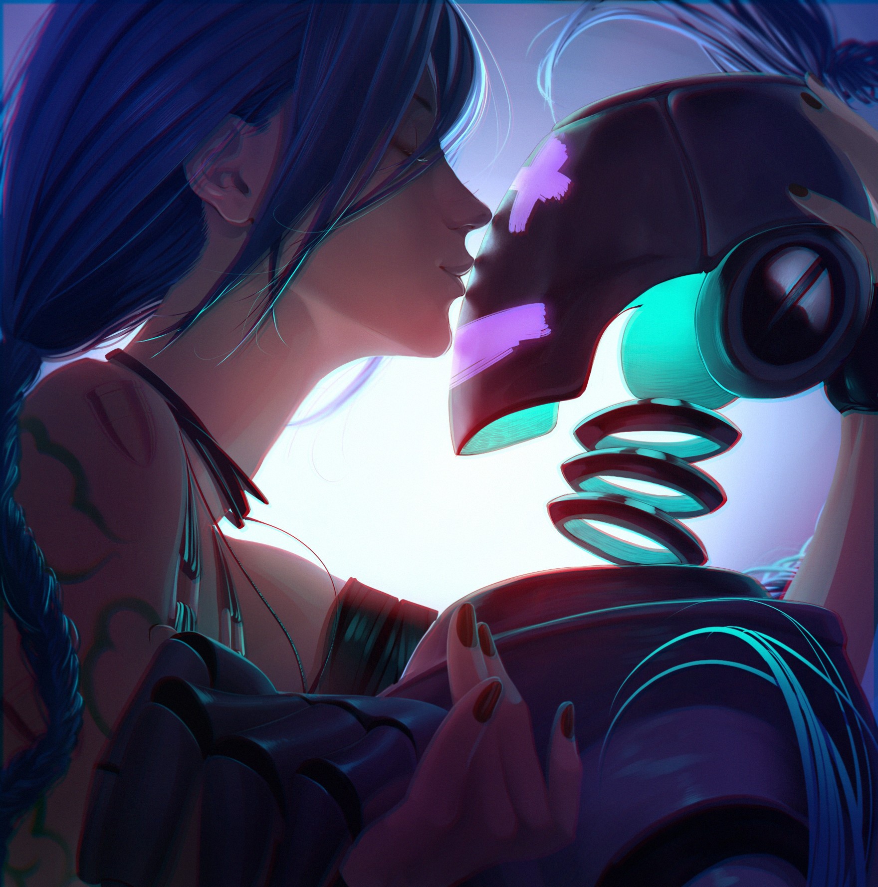 Jinx from League of Legends kissing a robot HD Phone Wallpaper