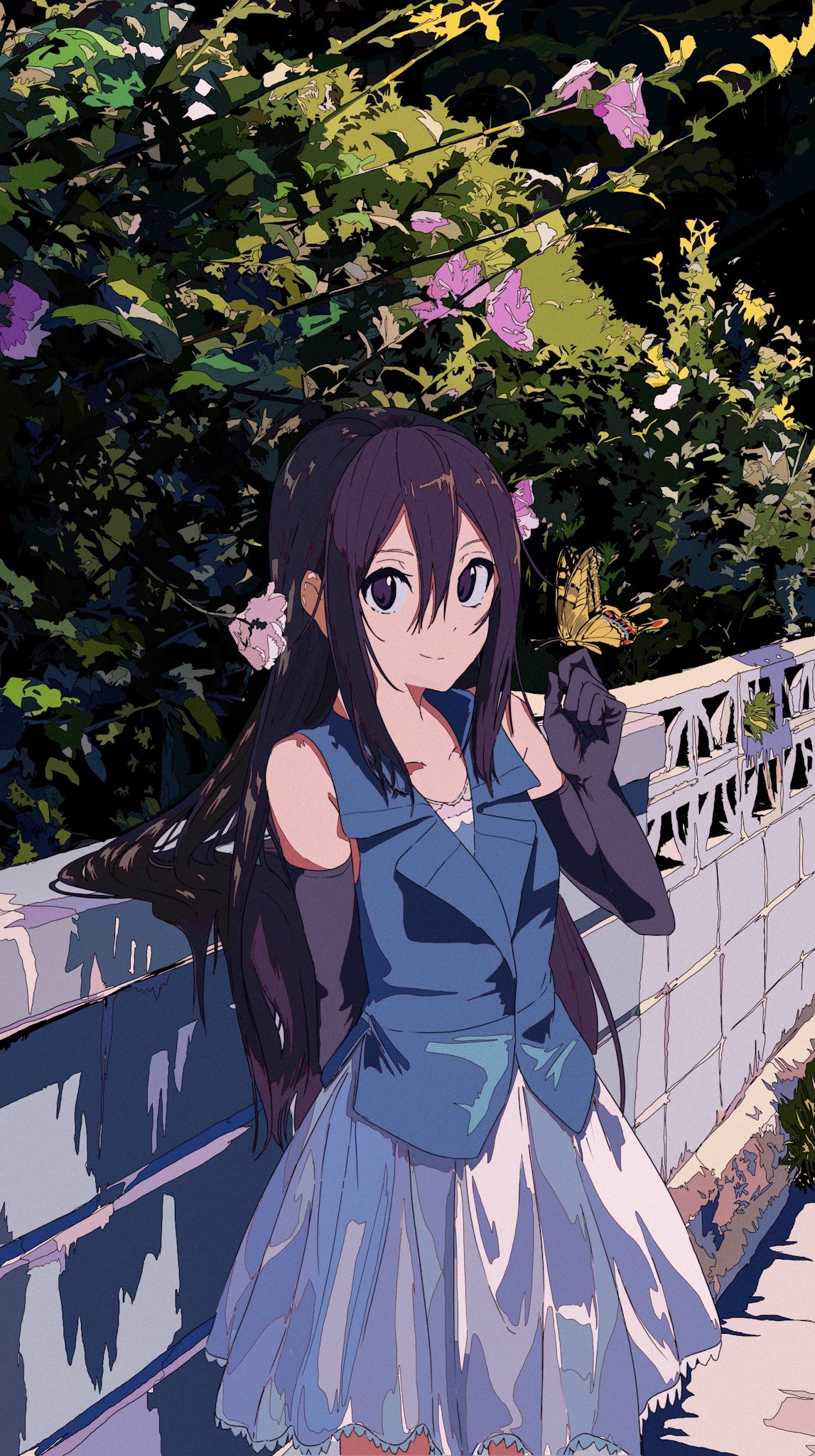 Anime girl with purple hair and butterfly HD Phone Wallpaper