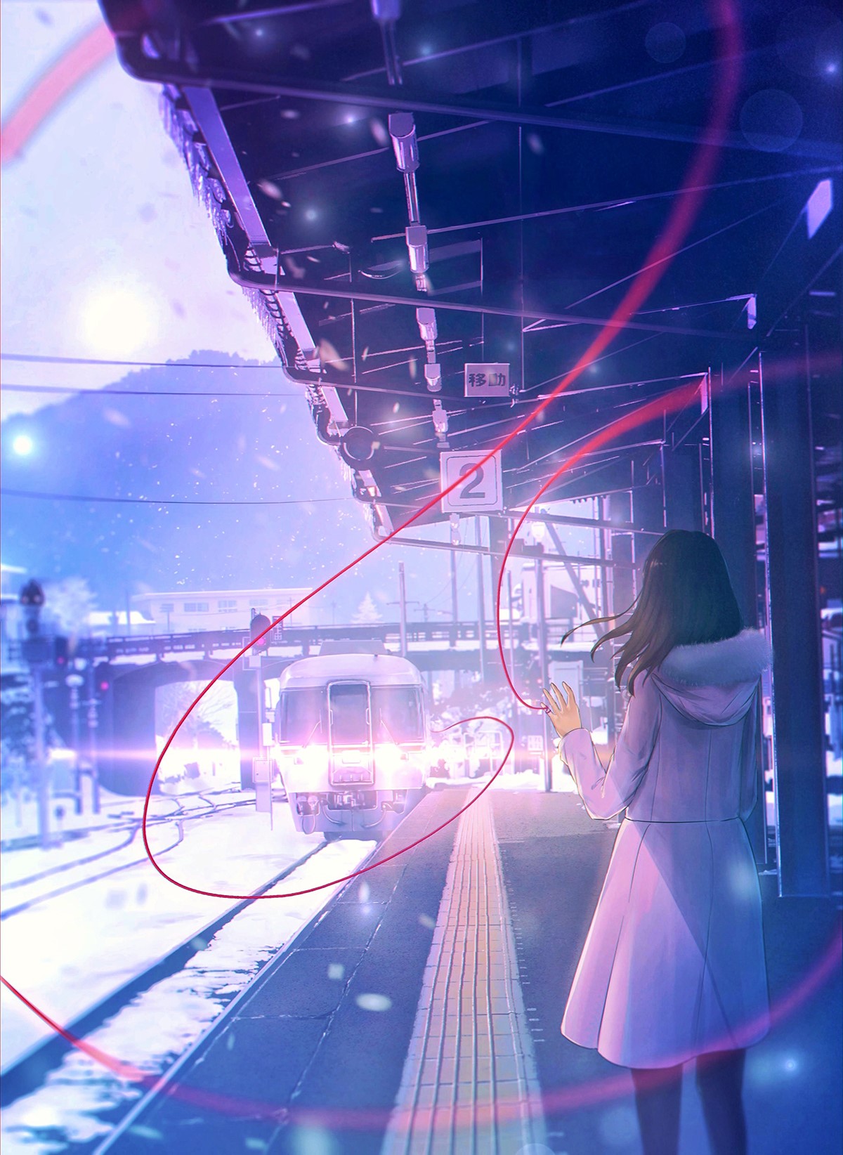 Anime girl at train station with red string HD Phone Wallpaper