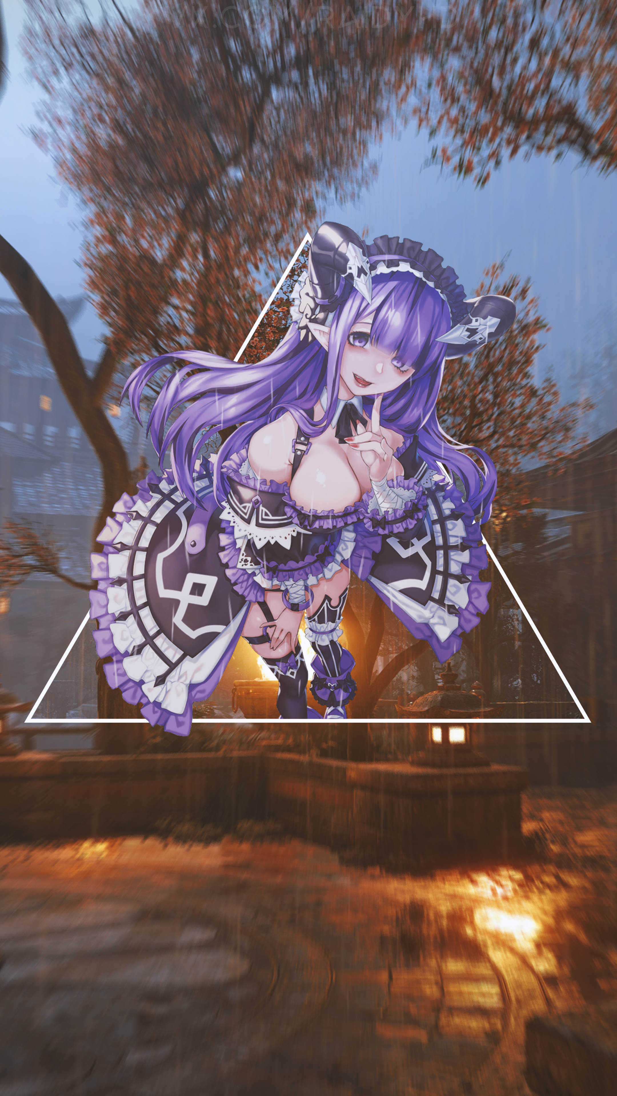 Anime girl with purple hair and horns HD Phone Wallpaper