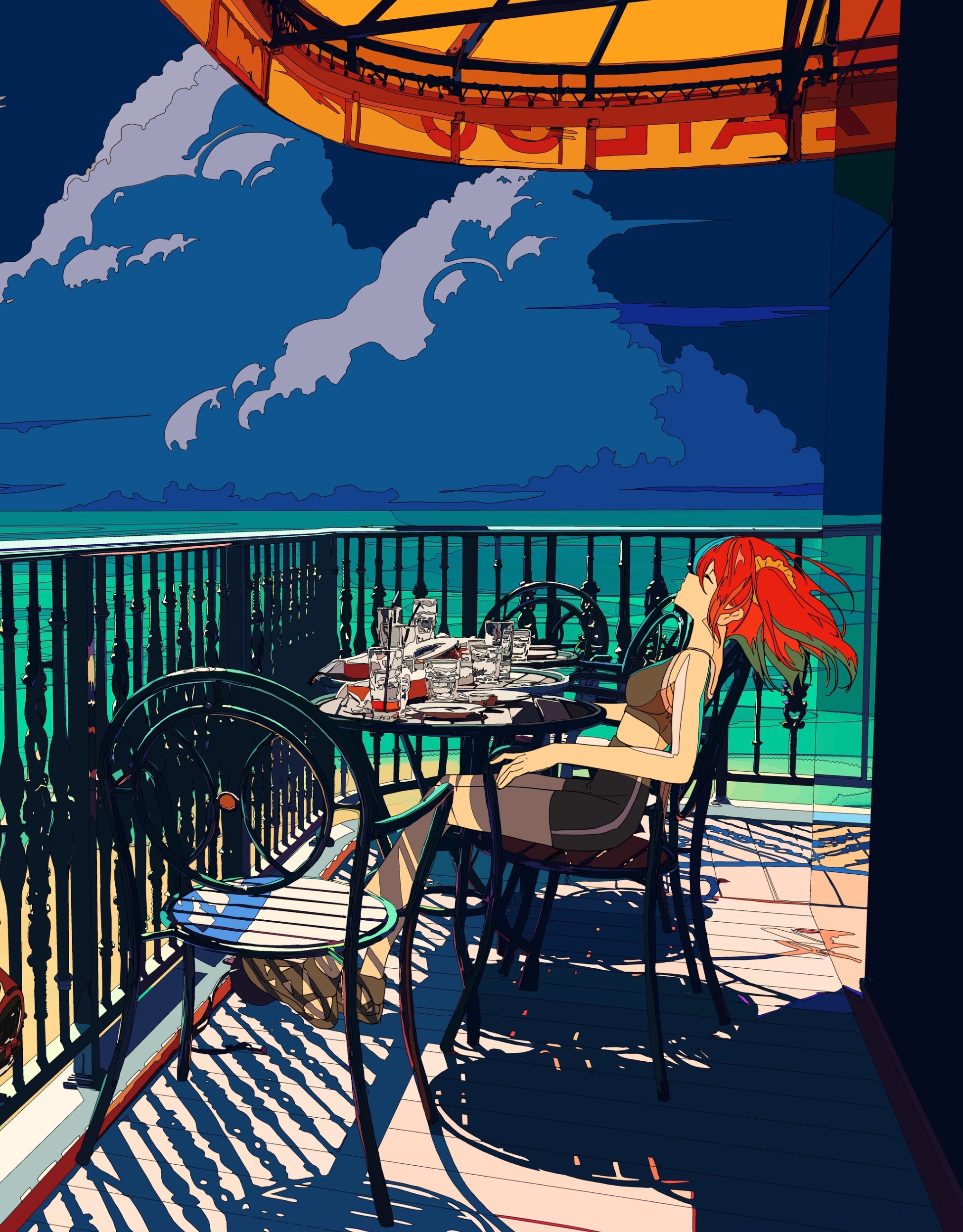 Woman at a cafe table by the sea HD Phone Wallpaper