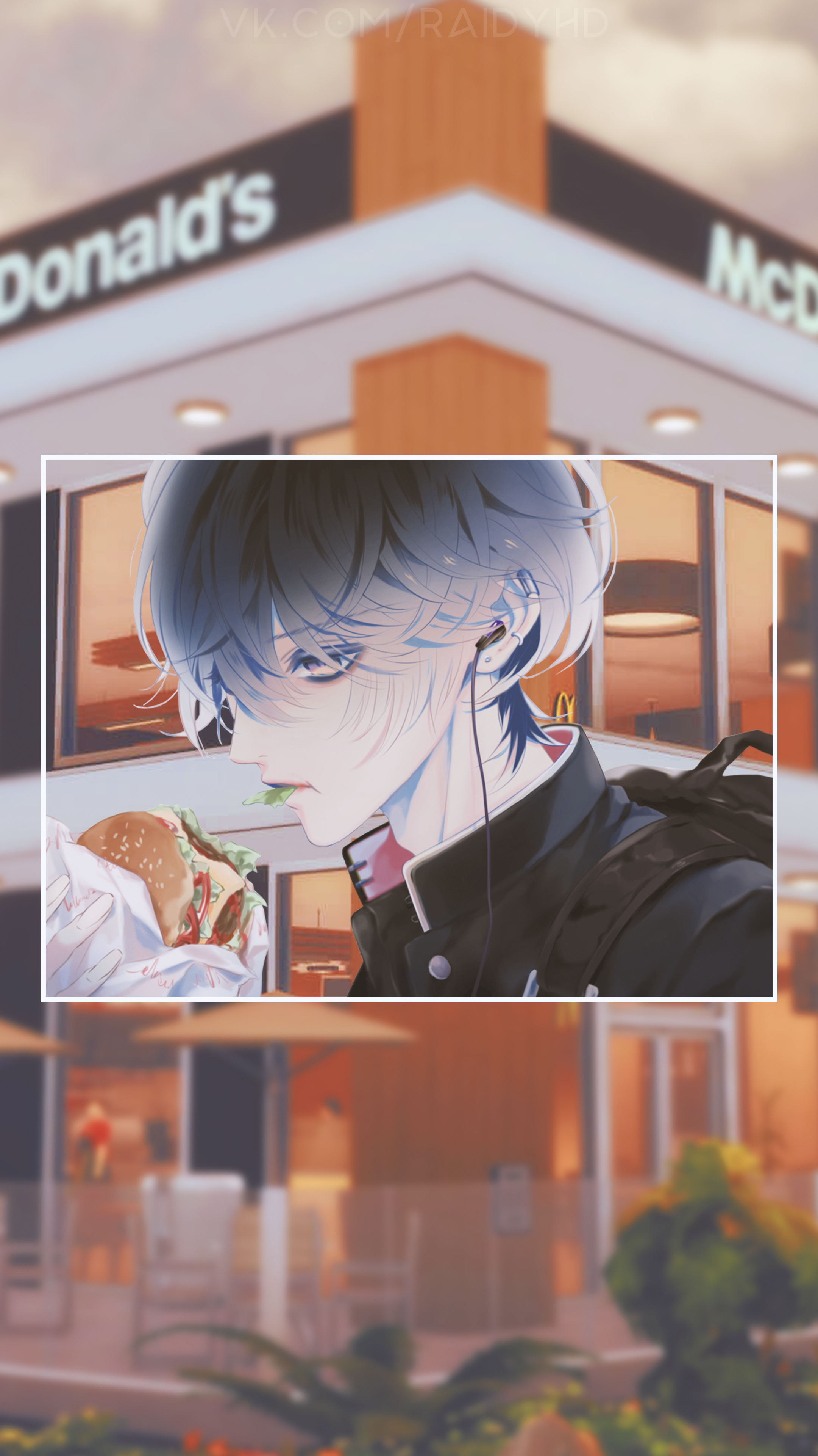 Anime boy eating a burger at McDonald's HD Phone Wallpaper