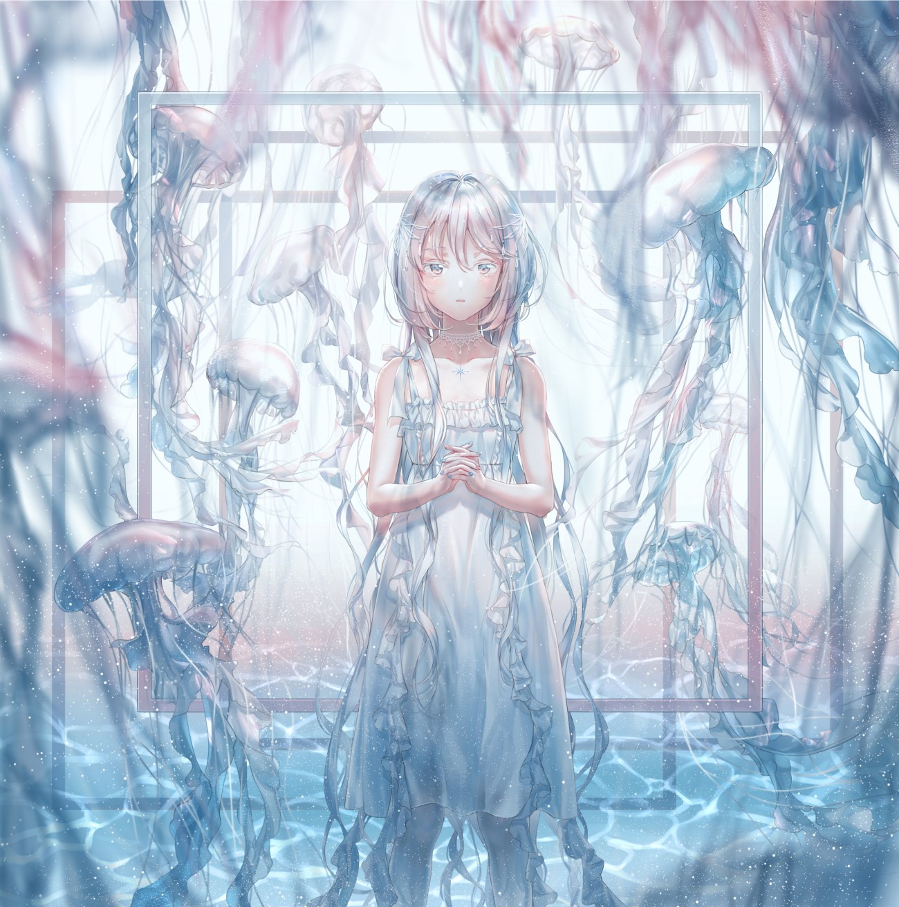 Anime girl in a dress surrounded by jellyfish underwater HD Phone Wallpaper