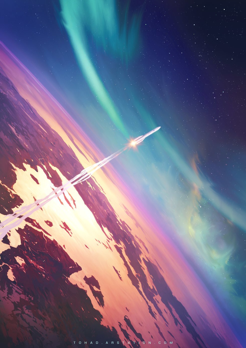 Spaceship Launching Over Planet with Aurora HD Phone Wallpaper