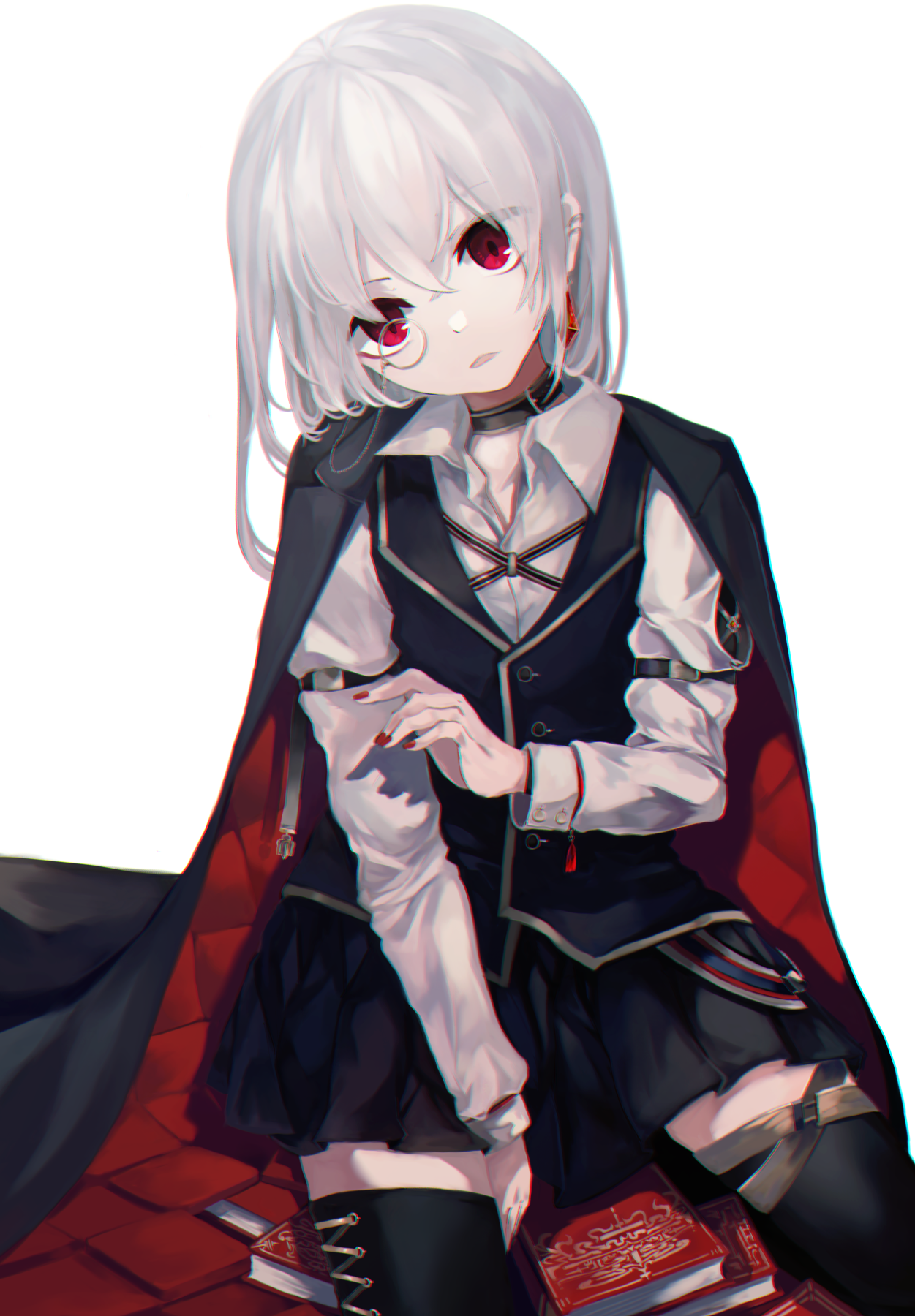 Anime girl with white hair and red eyes wearing a cape HD Phone Wallpaper