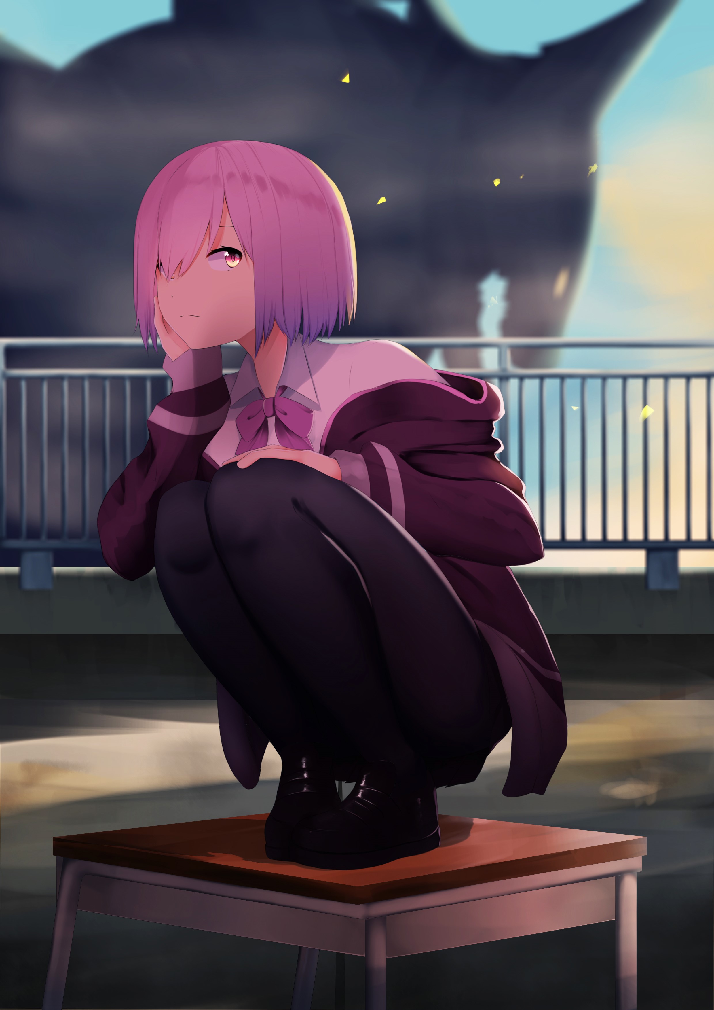 Shinjou Akane from SSSS.GRIDMAN squatting on a desk HD Phone Wallpaper