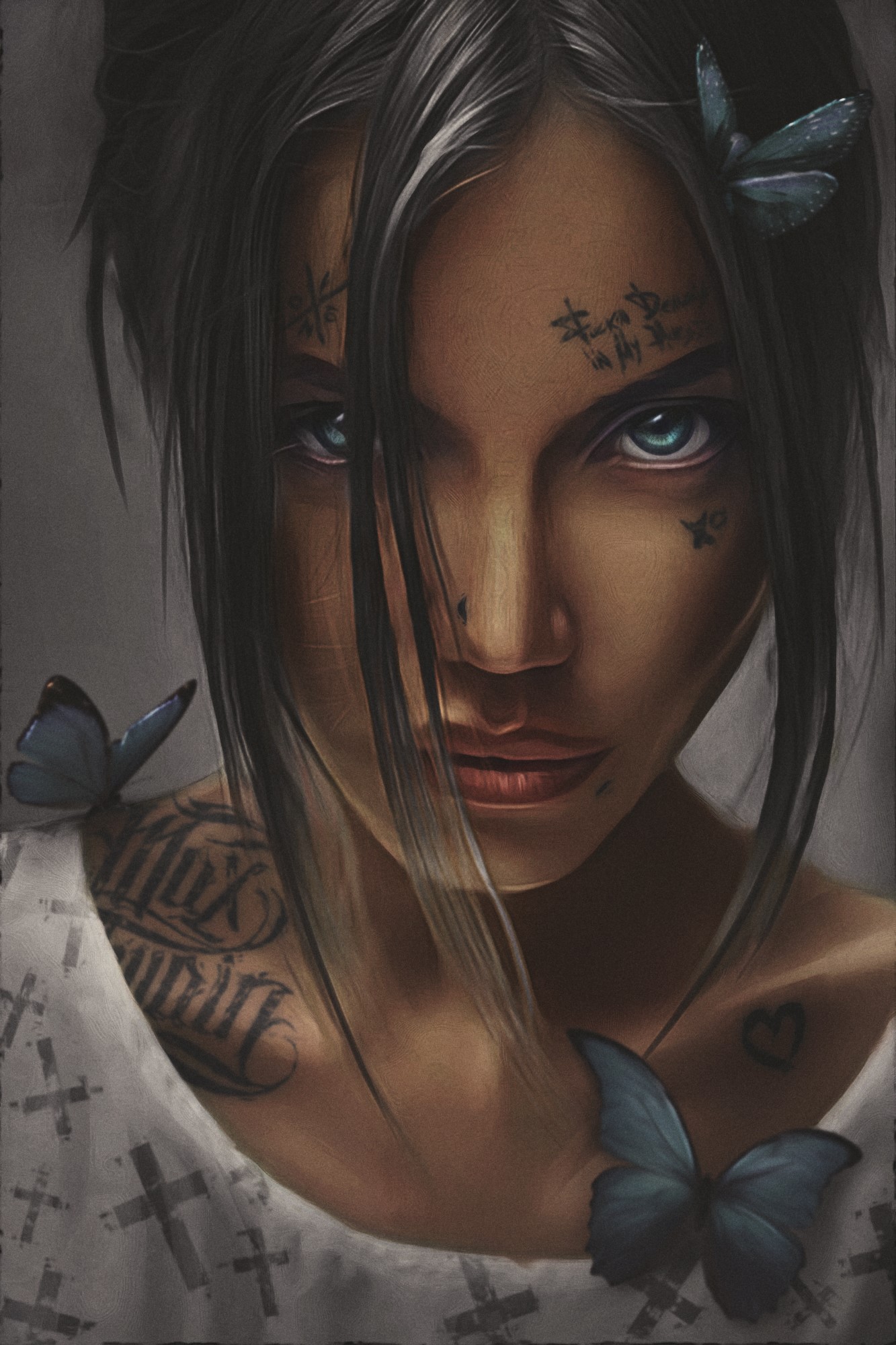 Portrait of a woman with tattoos and butterflies HD Phone Wallpaper