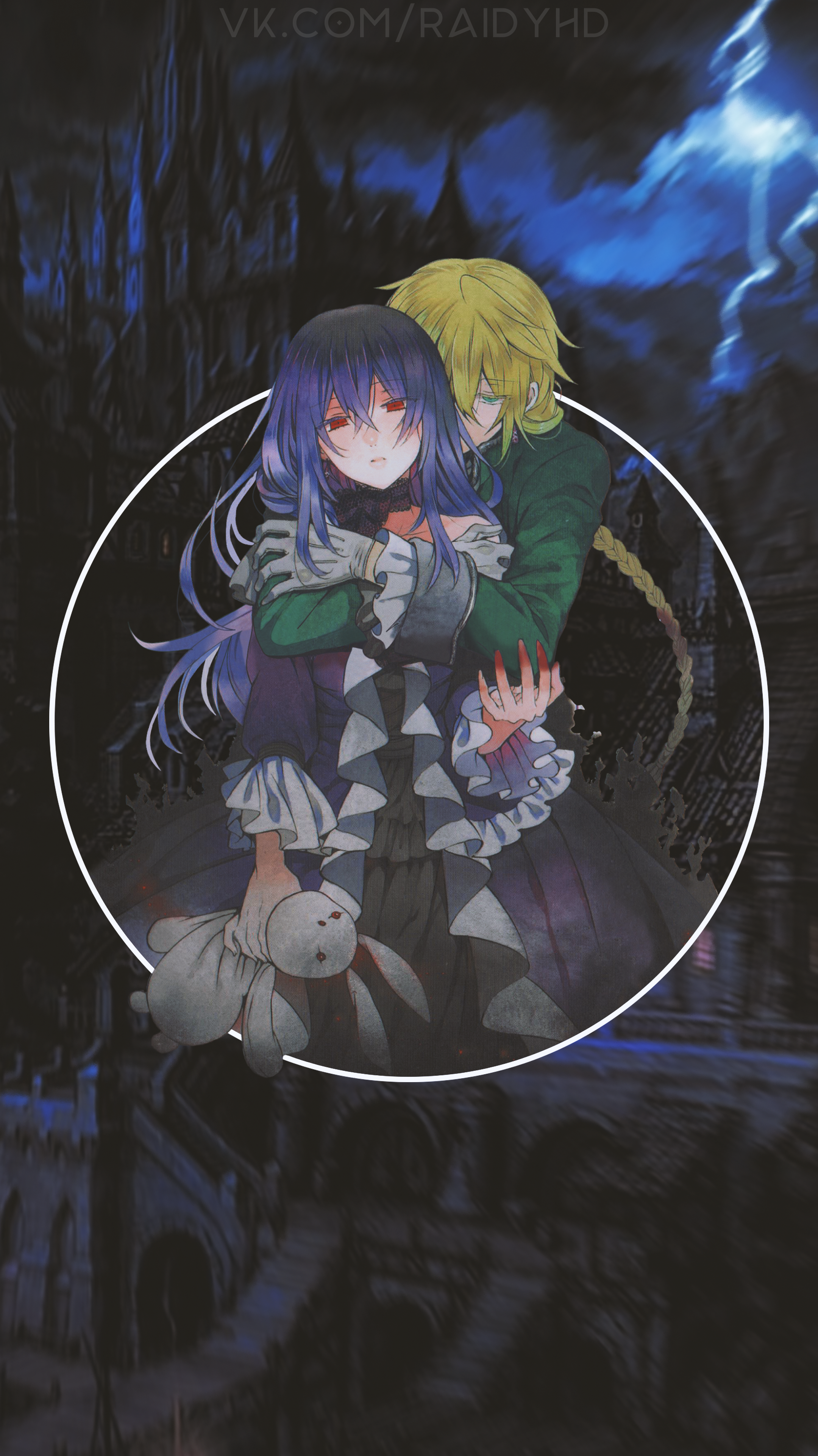 Anime couple embracing in front of a castle HD Phone Wallpaper
