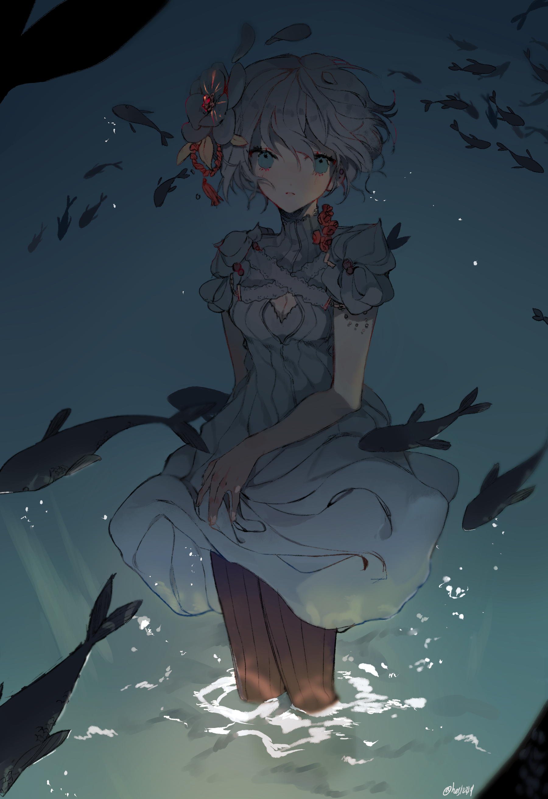Anime girl with blue eyes surrounded by fish HD Phone Wallpaper