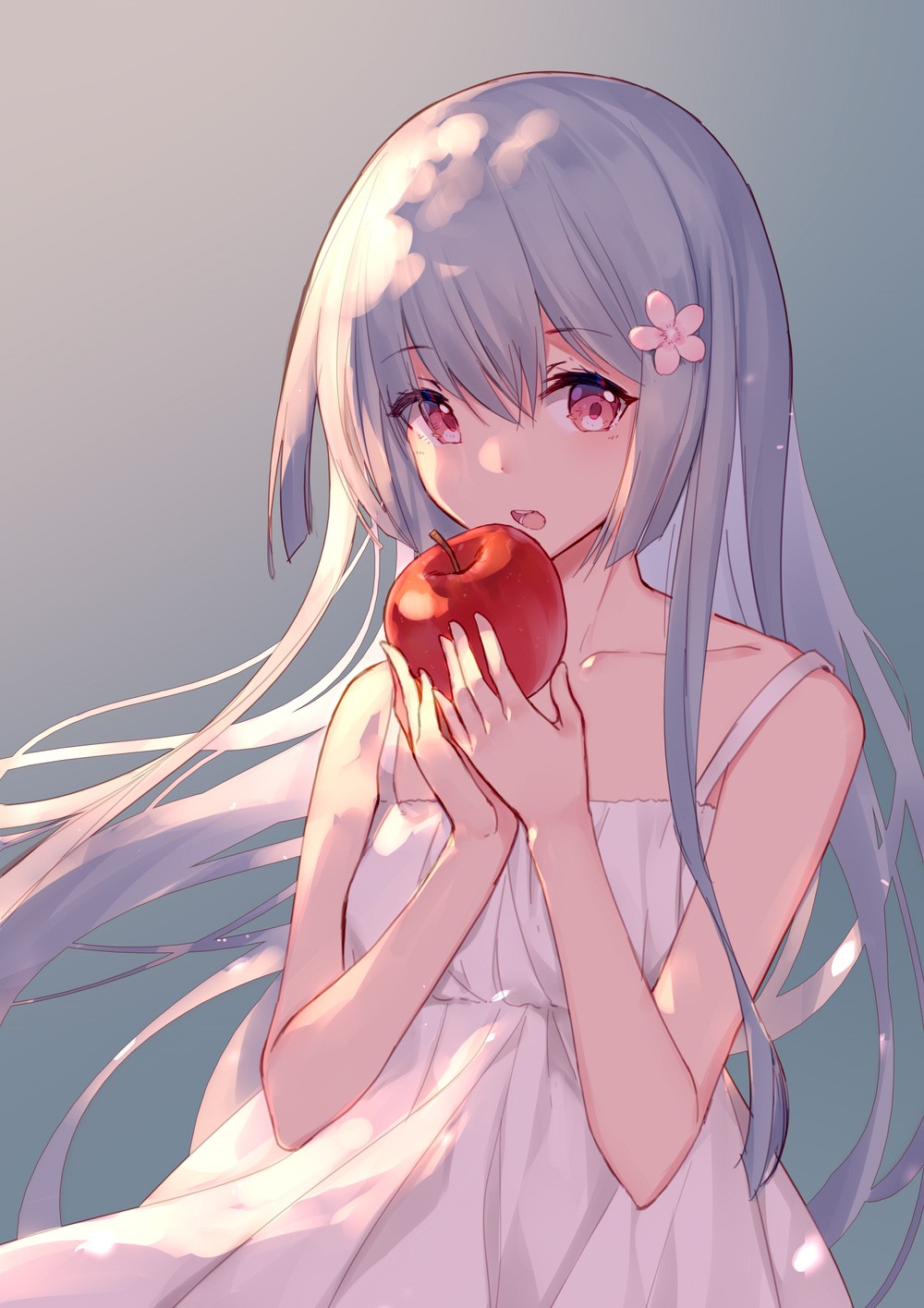Anime girl with white hair holding an apple HD Phone Wallpaper