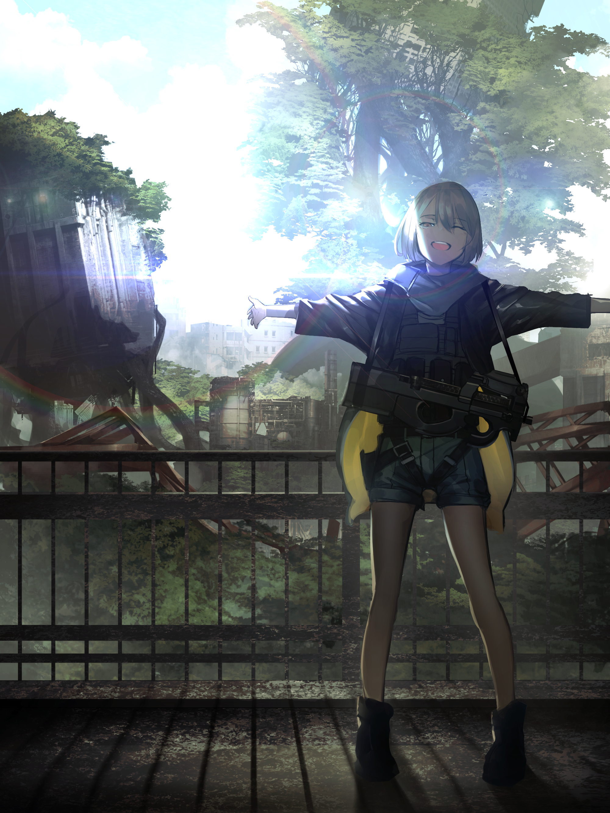 Anime girl with a P90 in a post-apocalyptic city HD Phone Wallpaper