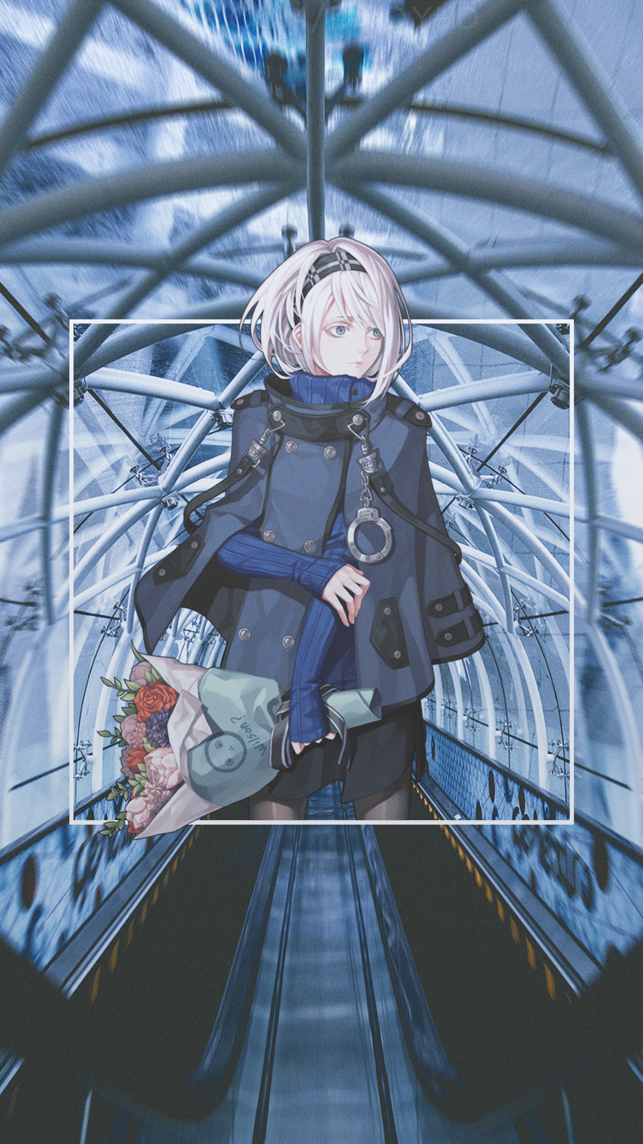 Anime girl with flowers on escalator HD Phone Wallpaper
