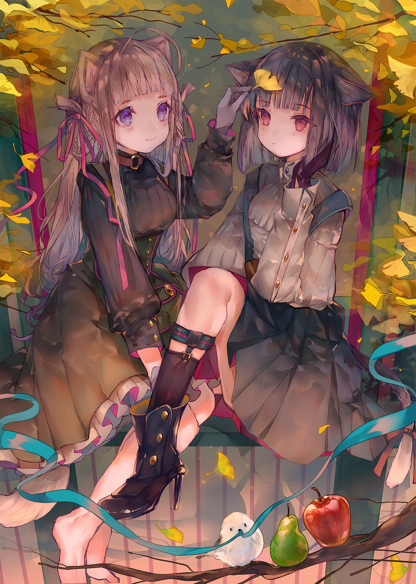 Two anime girls with cat ears and autumn leaves HD Phone Wallpaper