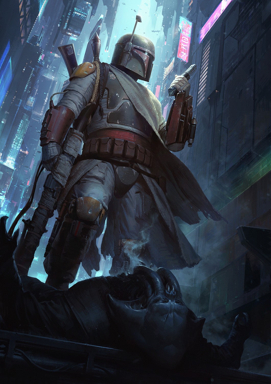 Boba Fett from Star Wars standing over a defeated foe HD Phone Wallpaper