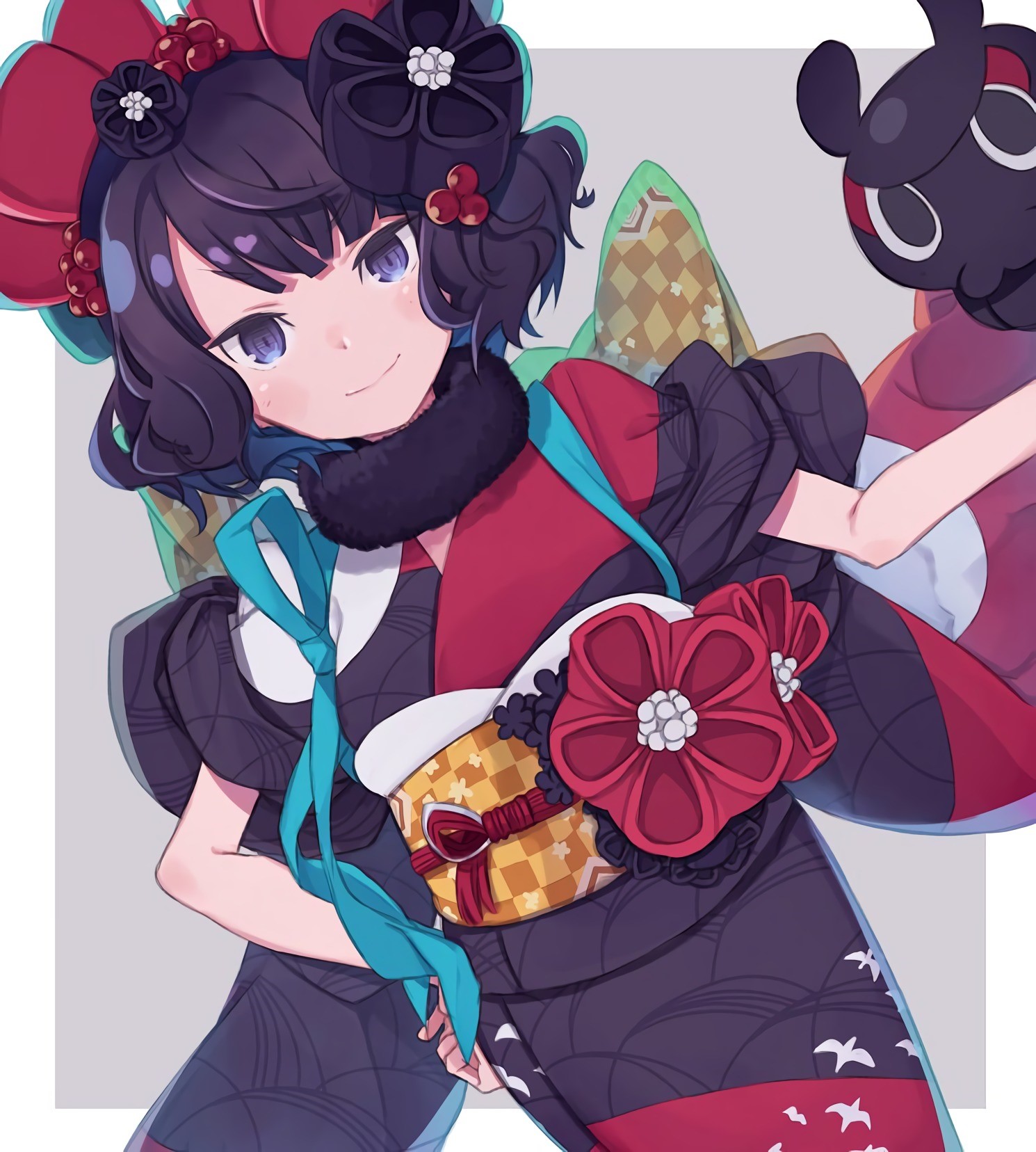 Anime girl in kimono with insect companion HD Phone Wallpaper