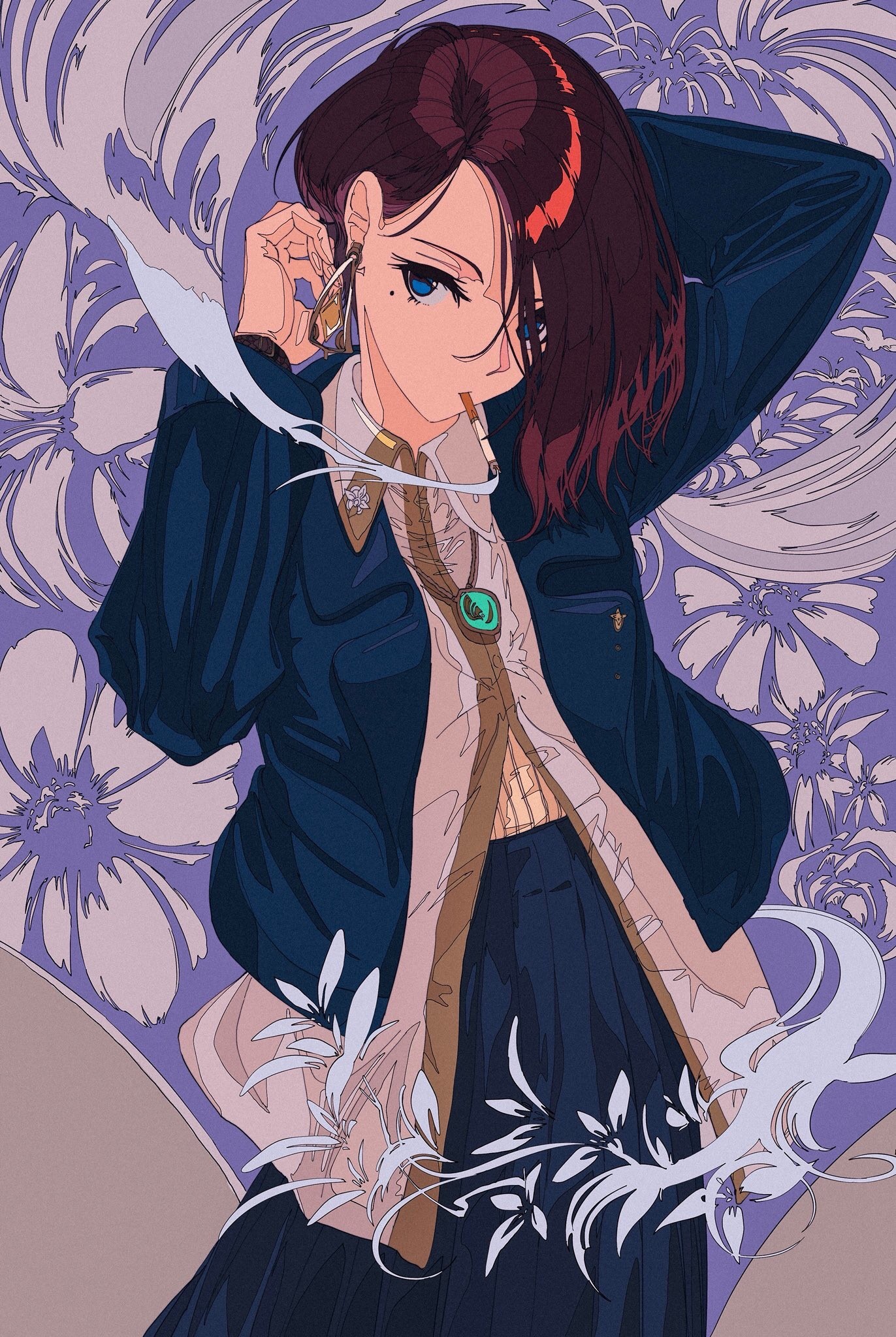 Anime girl with blue eyes and redhead hair smoking HD Phone Wallpaper