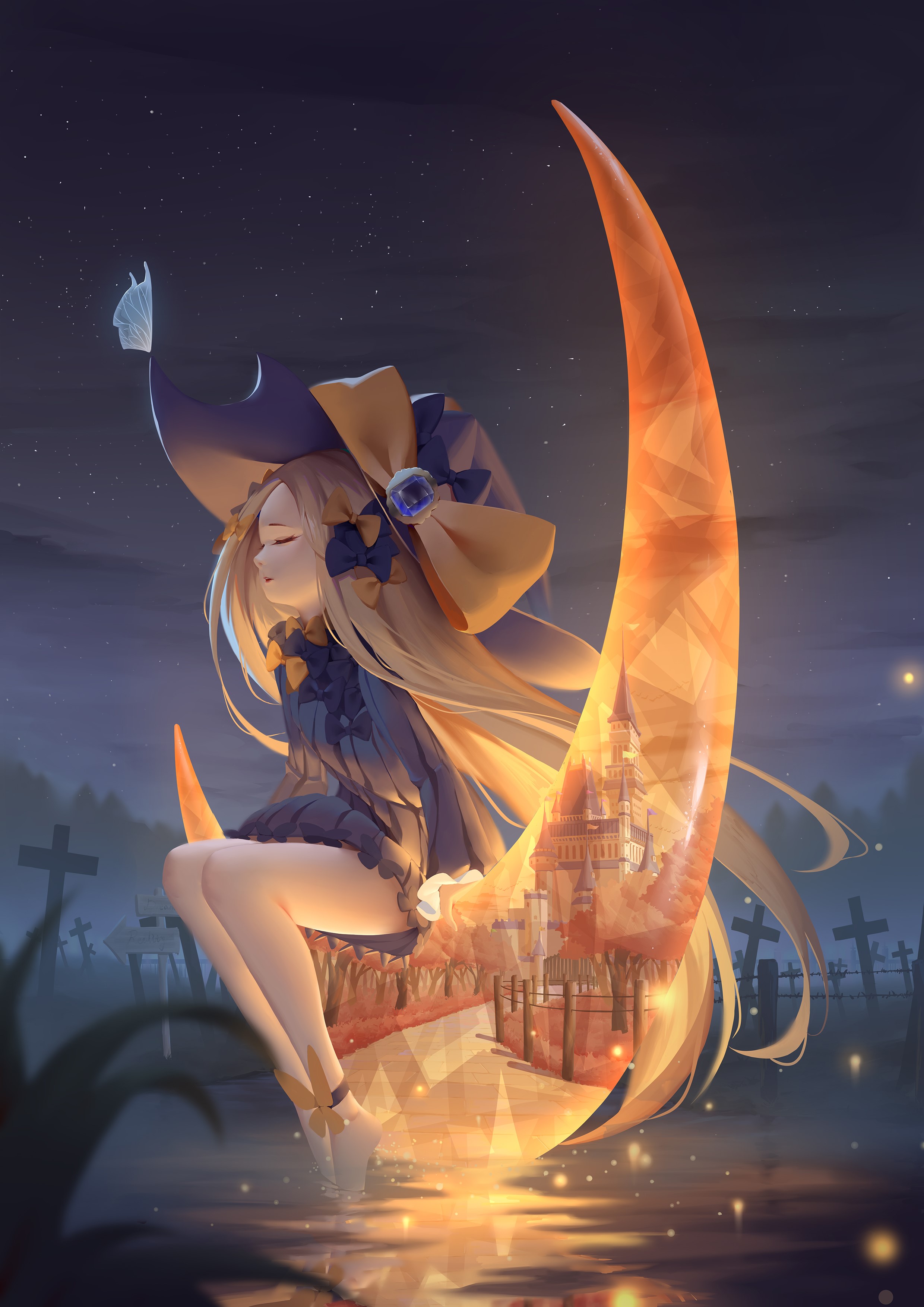 Abigail Williams from Fate/Grand Order sitting on a crescent moon HD Phone Wallpaper