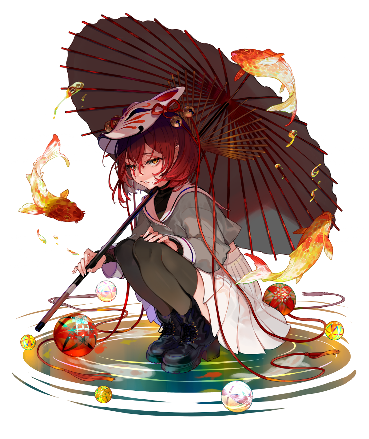 Anime girl with fox mask and koi fish HD Phone Wallpaper