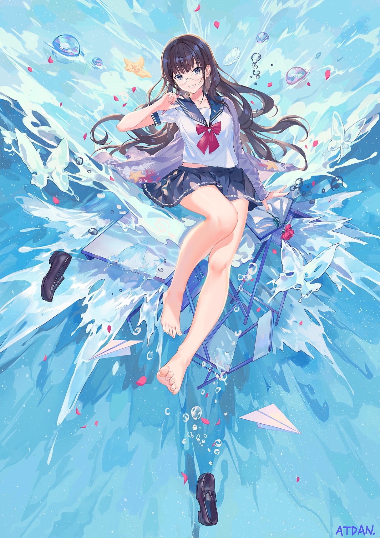 Atdan Anime Girl in Sailor Uniform with Glasses HD Phone Wallpaper
