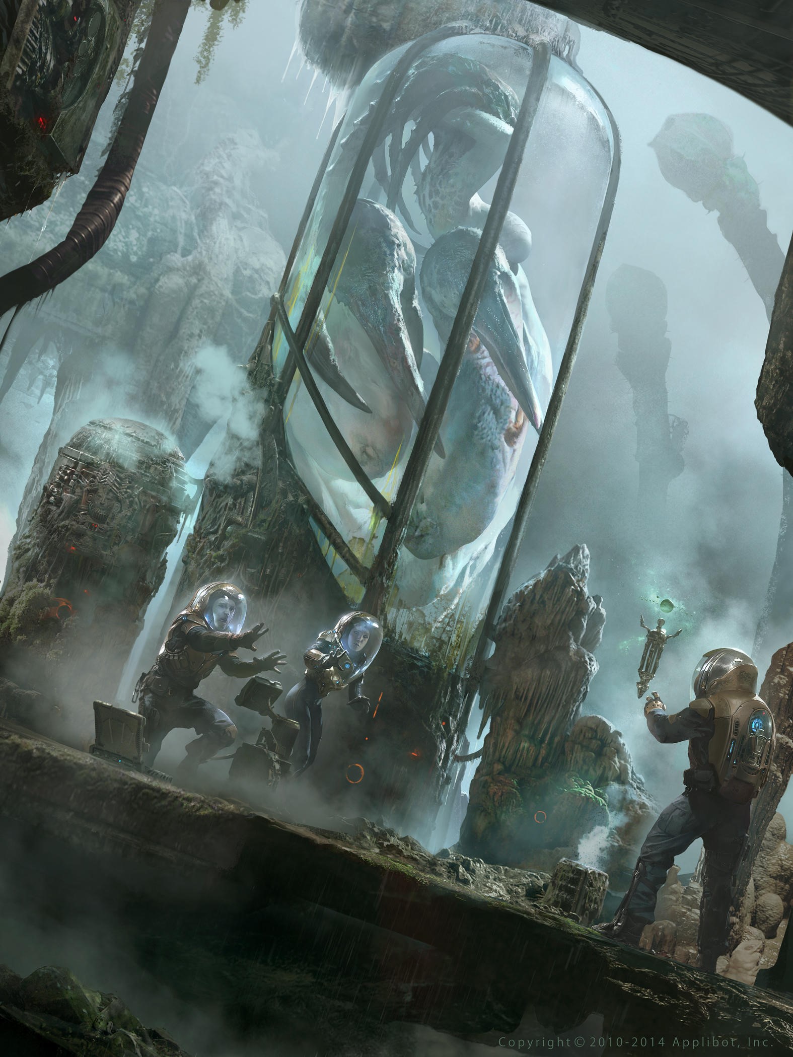 Astronauts discover a giant creature in a glass enclosure HD Phone Wallpaper