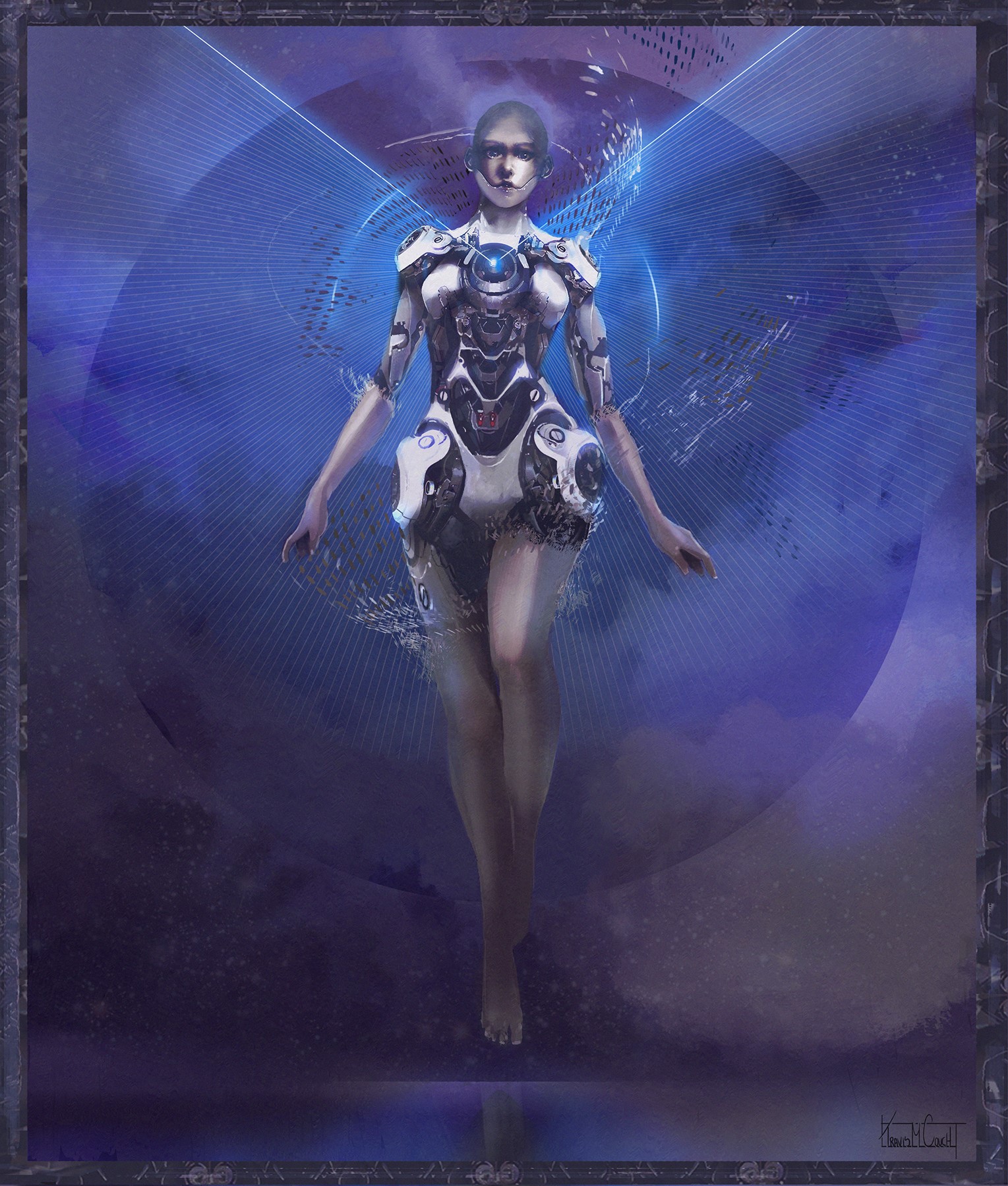 Cyborg woman with mechanical wings and blue energy HD Phone Wallpaper
