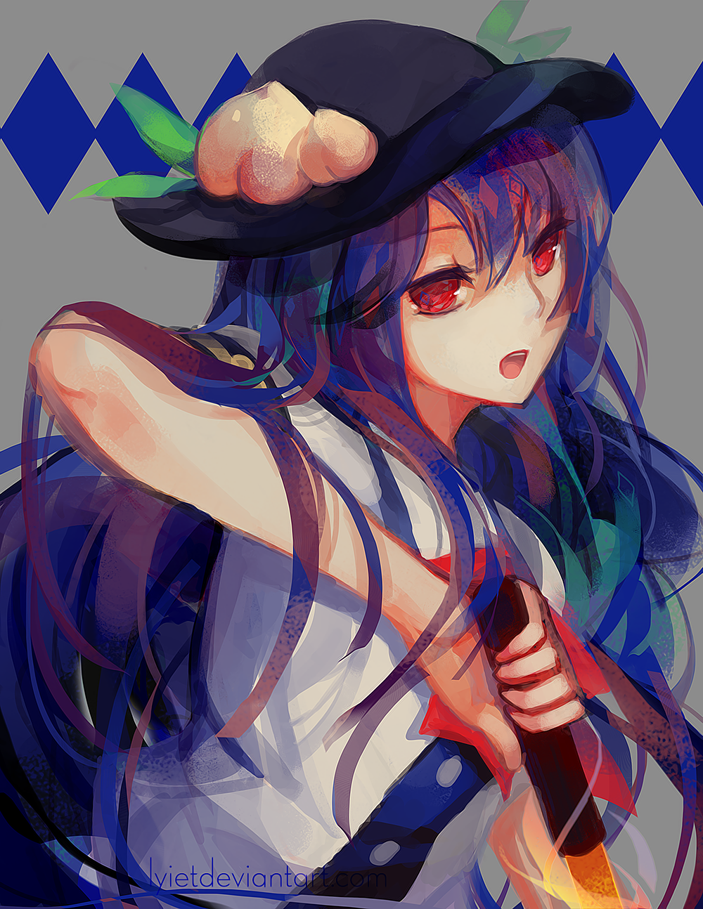 Anime girl with blue hair and red eyes wearing a hat HD Phone Wallpaper