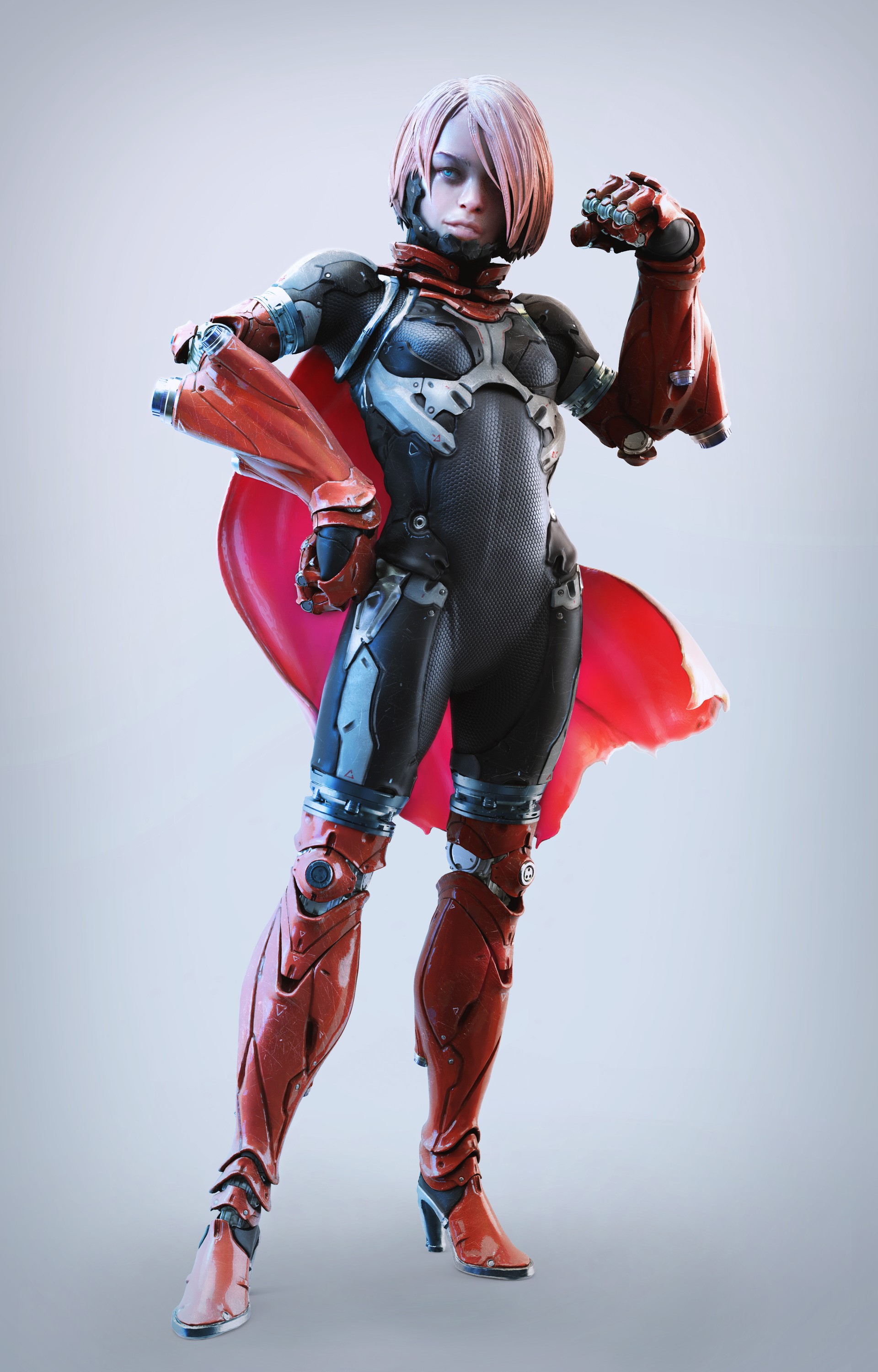 Woman in futuristic armor with red cape HD Phone Wallpaper