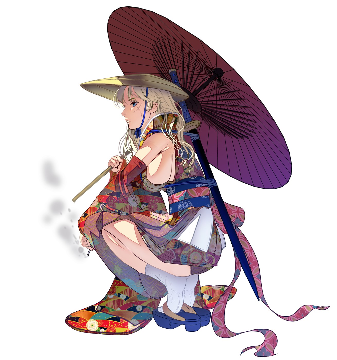 Anime girl in kimono with umbrella and sword HD Phone Wallpaper
