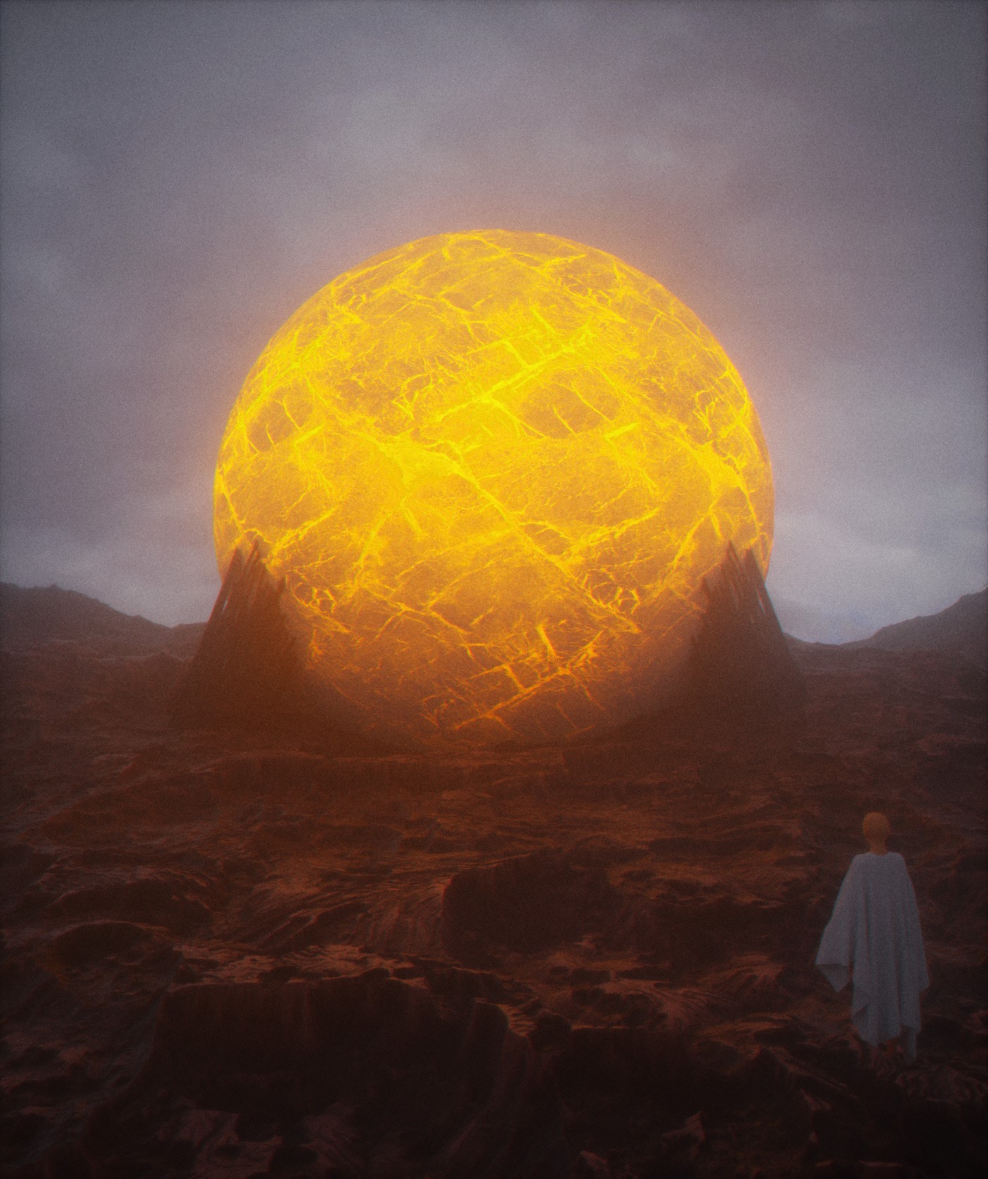 Surreal artwork of a glowing orb on a rocky planet HD Phone Wallpaper