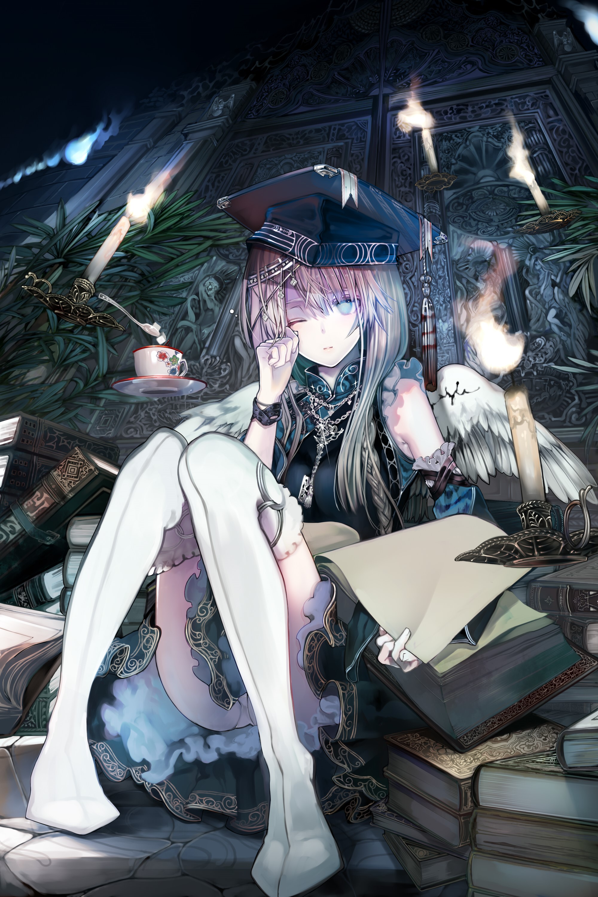 Anime girl with hat and wings reading a book HD Phone Wallpaper